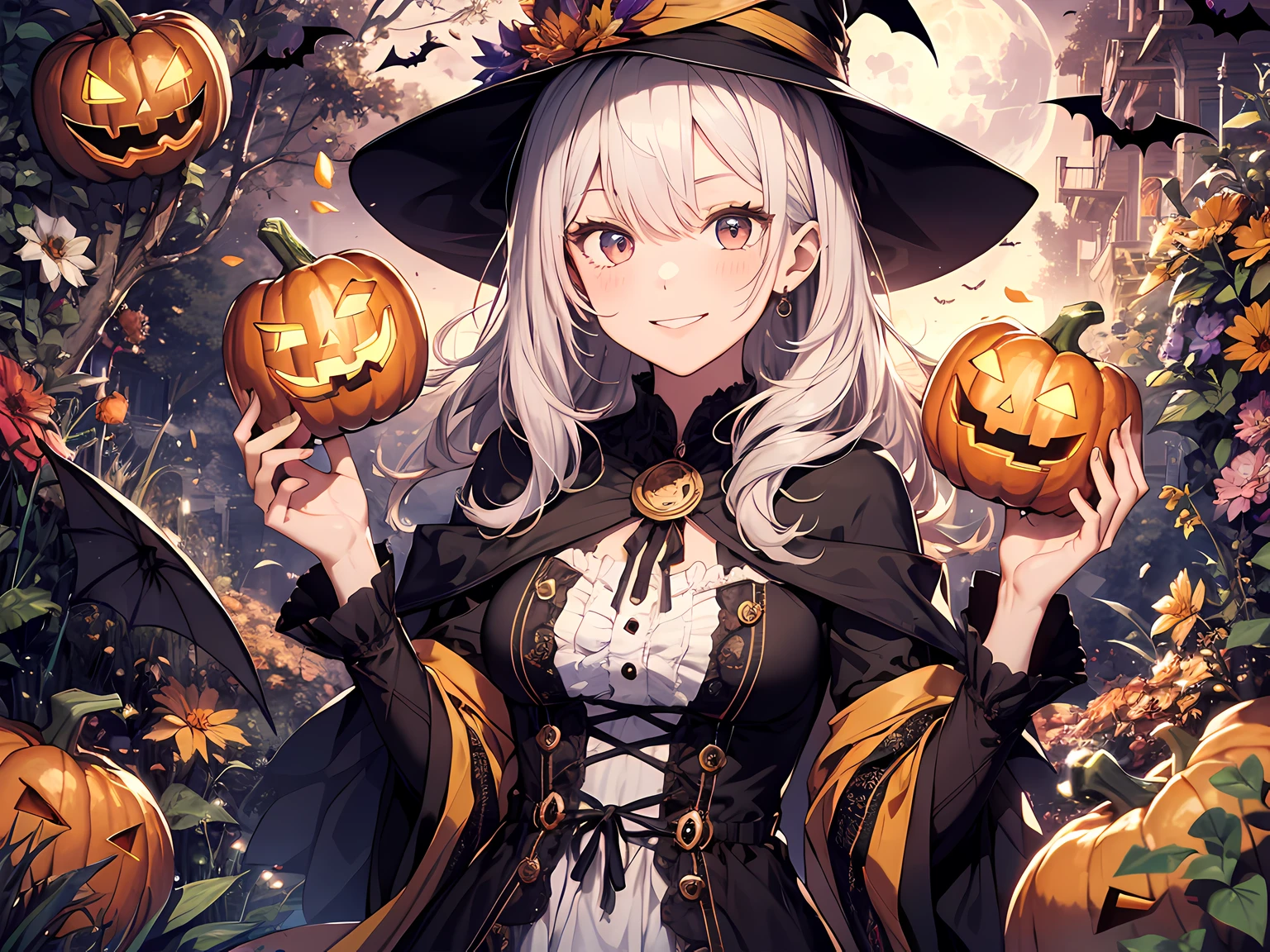 absurdres, highres, ultra detailed, (1girl:1.3) , Halloween witch, ((lovely smile)),wizard robes, wizard hat, Jack o'lantern, night, moon lighting,
BREAK, Halloween atmosphere,
 , kaleidoscopic imagery, symmetrical patterns, vibrant colors, geometric shapes, mesmerizing designs, optical illusions, dynamic composition
BREAK
, pantomime art, expressive body language, silent storytelling, evocative gestures, visual narratives, theatrical performances
BREAK
, blooming pumpkins, colorful petals, fragrant scents, nature's bounty, vibrant gardens, peaceful scenery