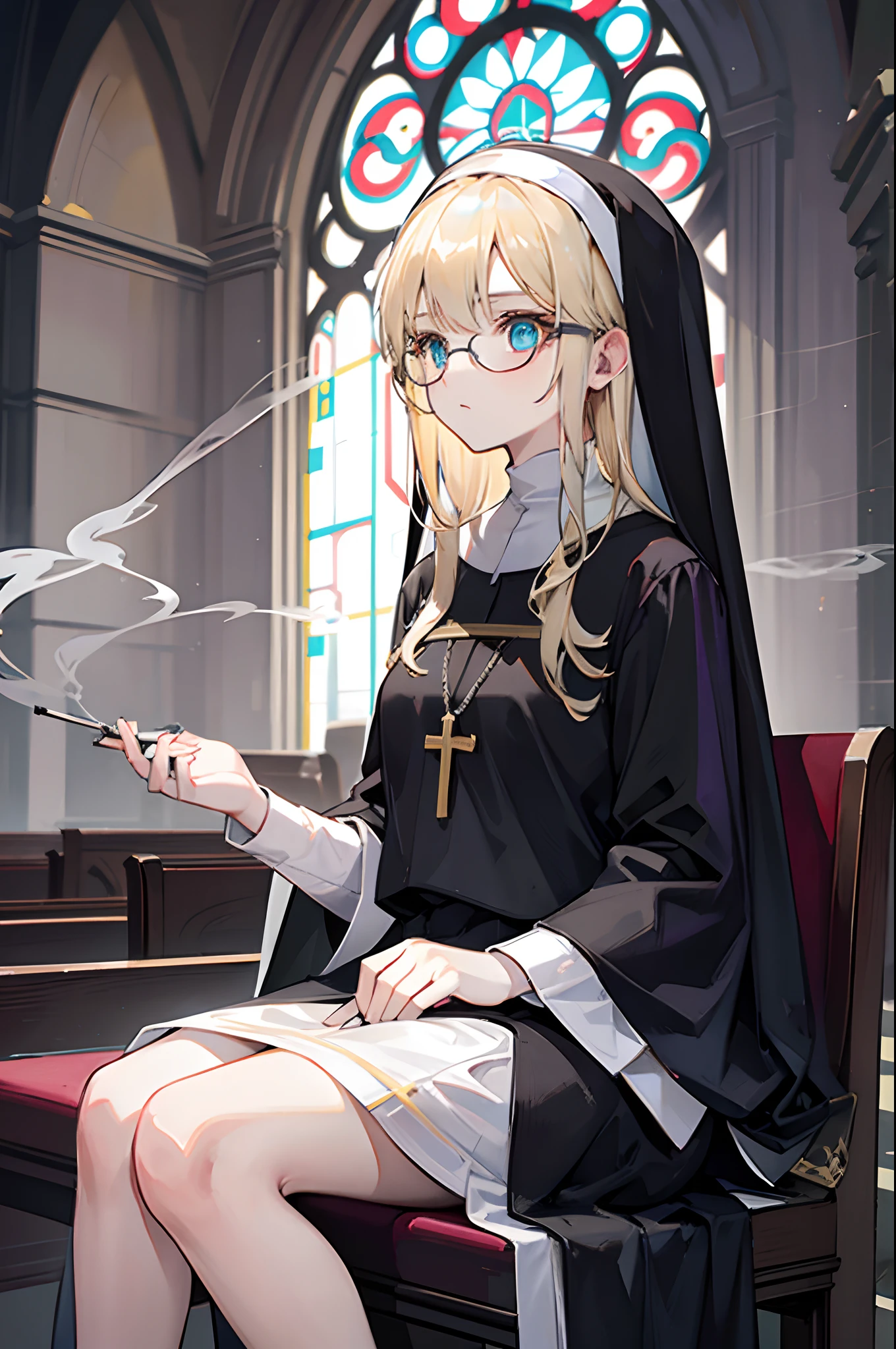 An 18-year-old woman with blond hair and turquoise eyes.., long-haired, Black Ribbon, Wearing glasses and a nun's uniform.., Sitting in church with a smoke