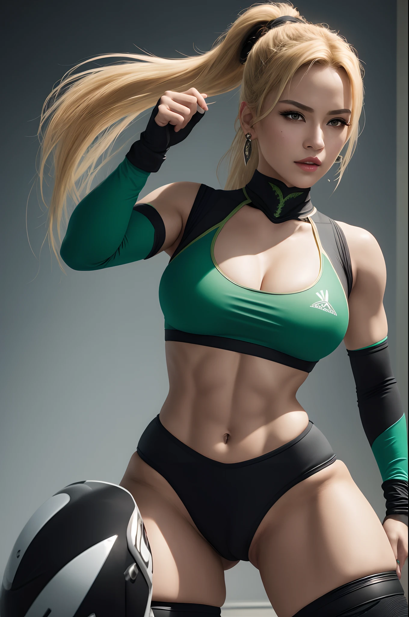 (masterpiece, top quality, best quality, official art, beautiful and aesthetic:1.2), (1girl:1.3), (fractal art:1.3), solo, Sonia Blade from mortal kombat, Mortal Kombat video game,
black headband, ponytail, long hair, huge breasts, beautiful faces, green leggings, black gloves, blonde hair,white socks,white footwear,
large breasts,sports bra, earrings, midriff, navel,toned,
looking at viewer, upper body, fighting stance,