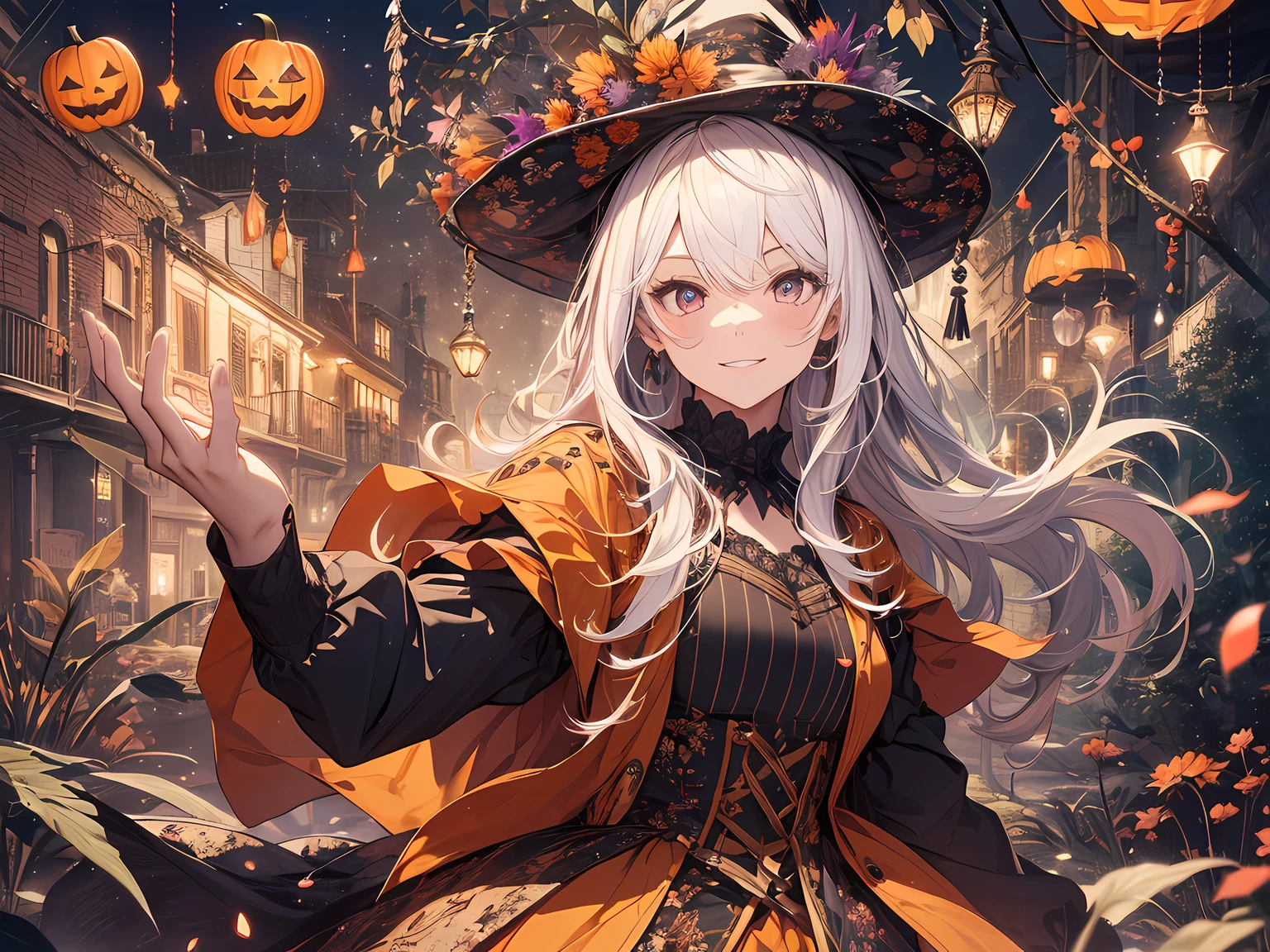 absurdres, highres, ultra detailed, (1girl:1.3) , Halloween witch, ((lovely smile)),wizard robes, wizard hat, Jack o'lantern, night, moon lighting,
BREAK, Halloween atmosphere,
 , kaleidoscopic imagery, symmetrical patterns, vibrant colors, geometric shapes, mesmerizing designs, optical illusions, dynamic composition
BREAK
, pantomime art, expressive body language, silent storytelling, evocative gestures, visual narratives, theatrical performances
BREAK
, blooming pumpkins, colorful petals, fragrant scents, nature's bounty, vibrant gardens, peaceful scenery
