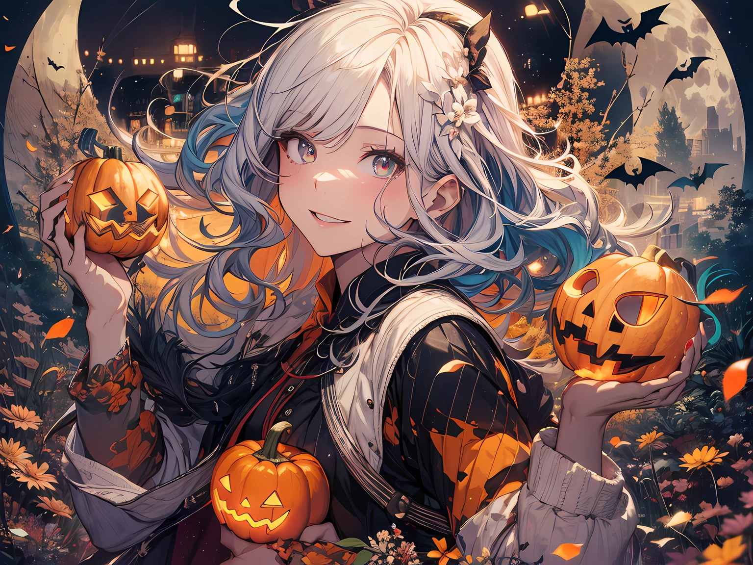 absurdres, highres, ultra detailed, (1girl:1.3) , Halloween witch, ((lovely smile)),wizard robes, wizard hat, Jack o'lantern, night, moon lighting,
BREAK, Halloween atmosphere,
 , kaleidoscopic imagery, symmetrical patterns, vibrant colors, geometric shapes, mesmerizing designs, optical illusions, dynamic composition
BREAK
, pantomime art, expressive body language, silent storytelling, evocative gestures, visual narratives, theatrical performances
BREAK
, blooming pumpkins, colorful petals, fragrant scents, nature's bounty, vibrant gardens, peaceful scenery