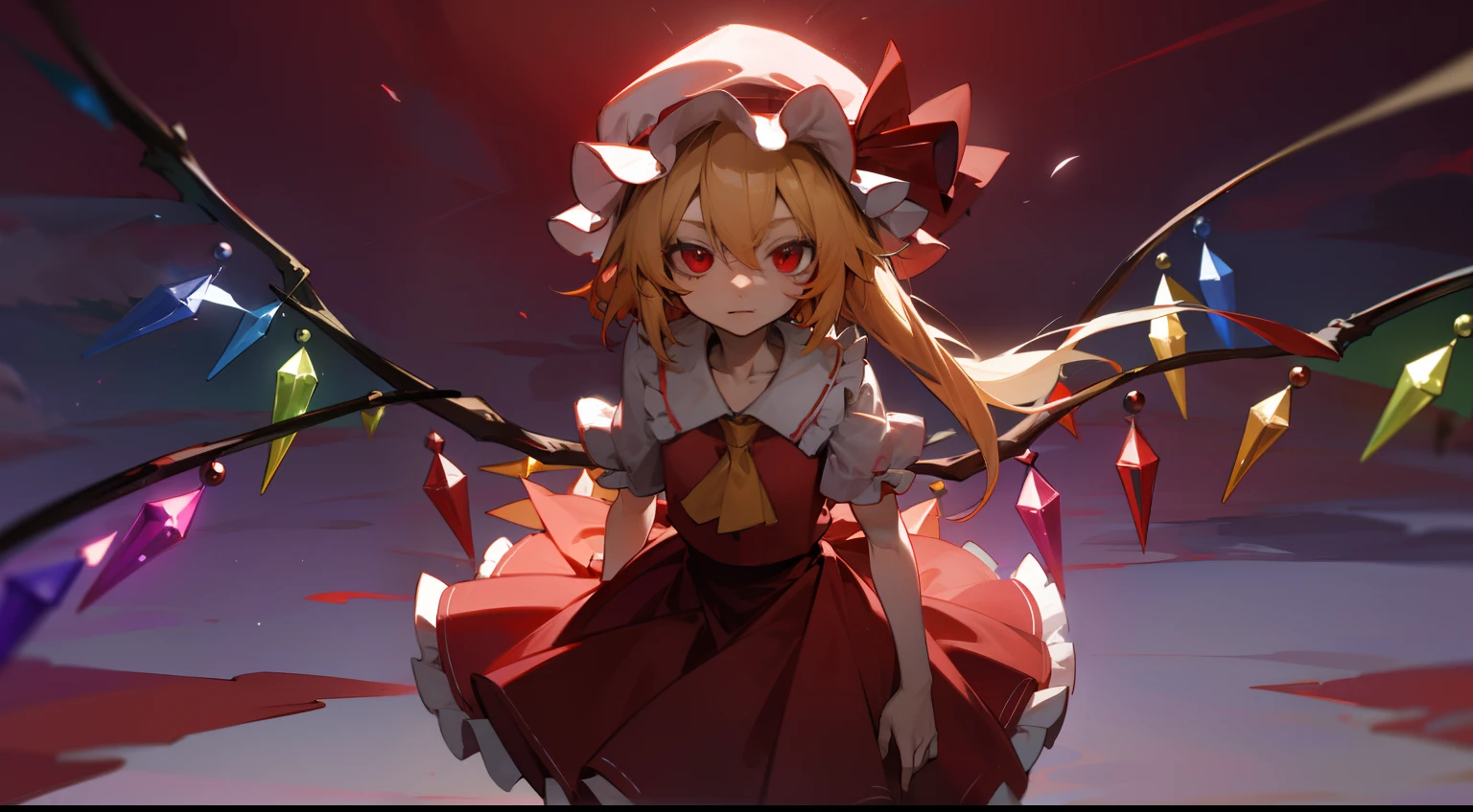 score_9, score_8_up, score_7_up, score_6_up, <lora:DPOXL:1> <lora:banpai akiraXL_JS2_lokr_V12:1>1girl, flandre scarlet, solo, wings, red eyes, dress, laevatein \(touhou\), open mouth, blonde hair, red dress, no headwear, smile, side ponytail, ascot, ribbon, short hair, alternate costume, fangs, white hair, blood, alternate wings, hair ribbon
