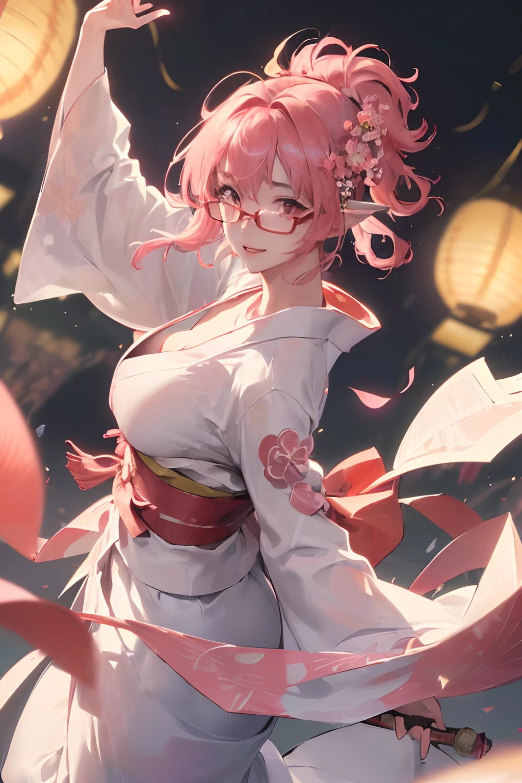 girl, dancing, japanese dance, bonodori,, night, arms up、​masterpiece、top-quality、Ultra Detail、, 1girl in,beautiful  lighting、adult lady、１girl with、(((18 years old)))、(((High )))、(((Best Beautiful Girl)))、(((floral Yukata)))、(((omatsuri)))、(((turret)))、(((paper lanterns)))、(((Large crowds))、(((Dance of the Japan)))、(((Colossal tits)))、ren、Beautie、Red glasses(((Red glasses)))、little blush、Beautie、（shiny lip：1.1）、（beautidful eyes：1.1）、fantastic hair、short-hair、bob cuts、Platinum Pink Hair、Red glasses、Platinum pink eyes、elf-ears、Well-formed face、large full breasts、A smile、masutepiece、Best Quality、High resolution、Cowboy Shot、From Side、Pale skin staring at the viewer、Curve、Blunt bangs、One girl, Tip, Whole body, Detailed background, Solo, Perspective, Atmospheric perspective, Japanese style hair ornament, Full body view of women, Whole face, From below, Night view, hyper detailed background, Lens Flare, Atmospheric perspective, single point perspective, with an intricate, grain, depth of fields, See more background, chromatic abberation, Lighting Particles, depth of fields, Color image or painting, masutepiece, Highest Quality, Ultra-detailed, Illustration, Cinematic lighting, Beautiful Detail Shine, Dynamic Angle, depth of fields, light  leaks, amazing, Fine, Original, Complex cereals, Fine details, Very detailed CG, Very delicate and beautiful, Beautifully detailed sky, Cinematic lighting like