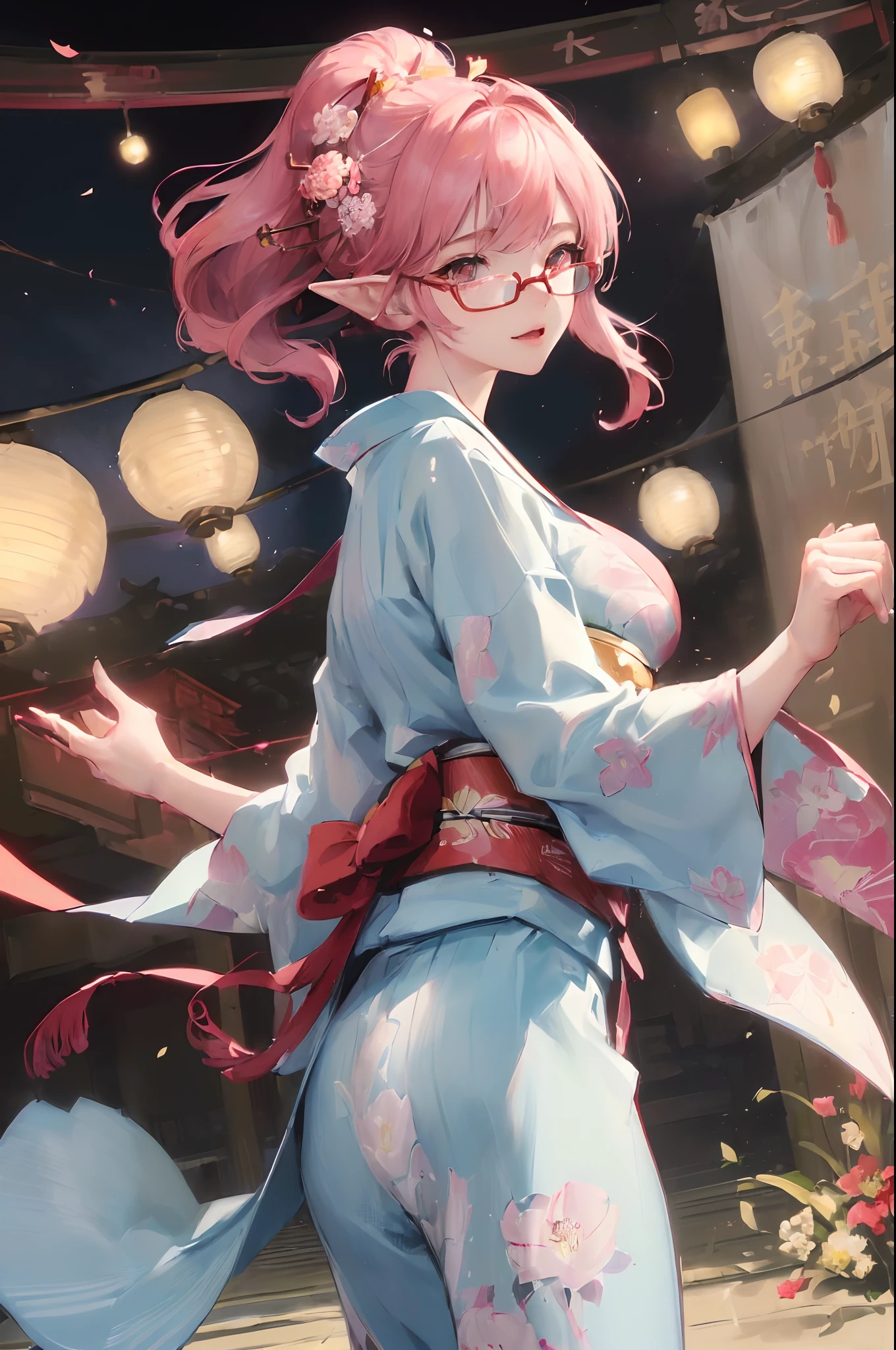 girl, dancing, japanese dance, bonodori,, night, arms up、masterpiece、top-quality、Ultra Detail、, 1girl in,beautiful lighting、adult lady、1girl with、(((18 years old)))、(((High school students)))、(((Best Beautiful Girl)))、(((floral Yukata)))、(((omatsuri)))、(((turret)))、(((paper lanterns)))、(((Large crowds))、(((Dance of the Japan)))、(((Colossal tits)))、ren、Beautie、Red glasses(((Red glasses)))、little blush、Beautie、(shiny lip:1.1)、(beautidful eyes:1.1)、fantastic hair、short-hair、bob cuts、Platinum Pink Hair、Red glasses、Platinum pink eyes、elf-ears、Well-formed face、large full breasts、A smile、masutepiece、Best Quality、High resolution、Cowboy Shot、From Side、Pale skin staring at the viewer、Curve、Blunt bangs、One girl, Tip, Whole body, Detailed background, Solo, Perspective, Atmospheric perspective, Japanese style hair ornament, Full body view of women, Whole face, From below, Night view, hyper detailed background, Lens Flare, Atmospheric perspective, single point perspective, with an intricate, grain, depth of fields, See more background, chromatic abberation, Lighting Particles, depth of fields, Color image or painting, masutepiece, Highest Quality, Ultra-detailed, Illustration, Cinematic lighting, Beautiful Detail Shine, Dynamic Angle, depth of fields, light leaks, amazing, Fine, Original, Complex cereals, Fine details, Very detailed CG, Very delicate and beautiful, Beautifully detailed sky, Cinematic lighting like
