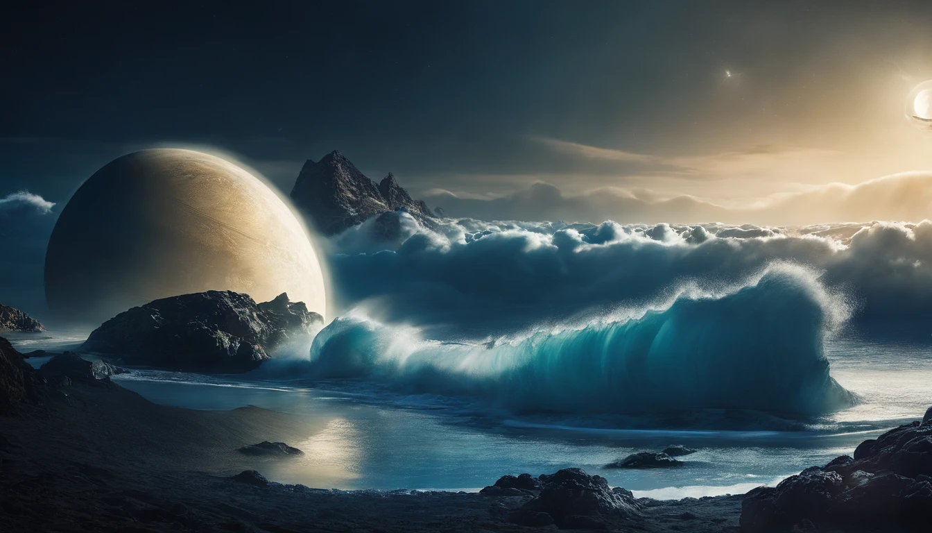 huge planet, the night, hight resolution、Impressive Milky Way:1.9、sand beach、Vast blue ocean、Blue Waves、Crystal clear ripples、Blue glacier、lightning bolt:1.9、Protoplanets、pure beauty、Sail ships
