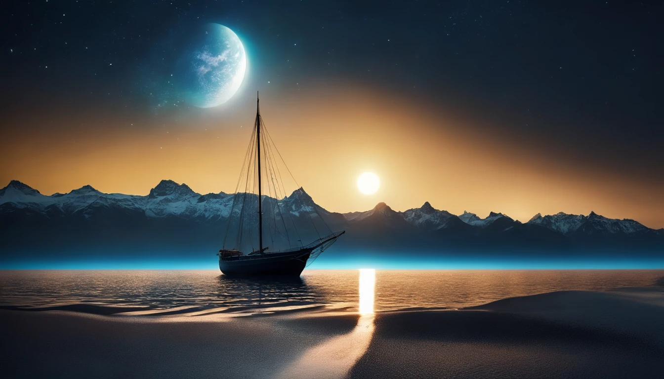 huge planet, the night, hight resolution、Impressive Milky Way:1.9、sand beach、Vast blue ocean、Blue Waves、Crystal clear ripples、Blue glacier、lightning bolt:1.9、Protoplanets、pure beauty、Sail ships