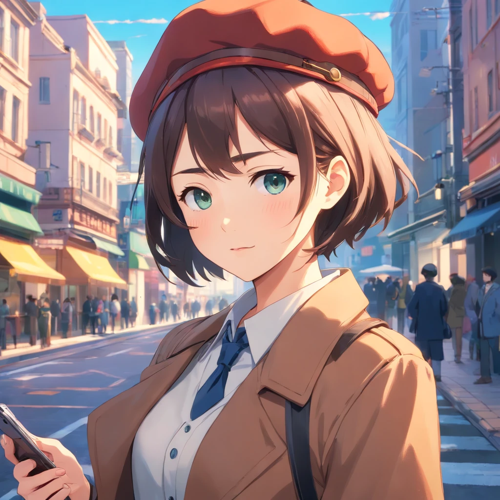 There was a woman standing in the street with a camera, Realistic anime 3 D style, 8K selfie photos, a beautiful anime portrait, Photorealistic anime, Anime style. 8K, realistic anime artstyle, Stunning anime face portrait, anime realism style, Kawaii realistic portrait, 3 d anime realistic, portrait anime girl, realistic art style, Anime style 4k, short hair, detective clothes, beret on the head, victorian era style