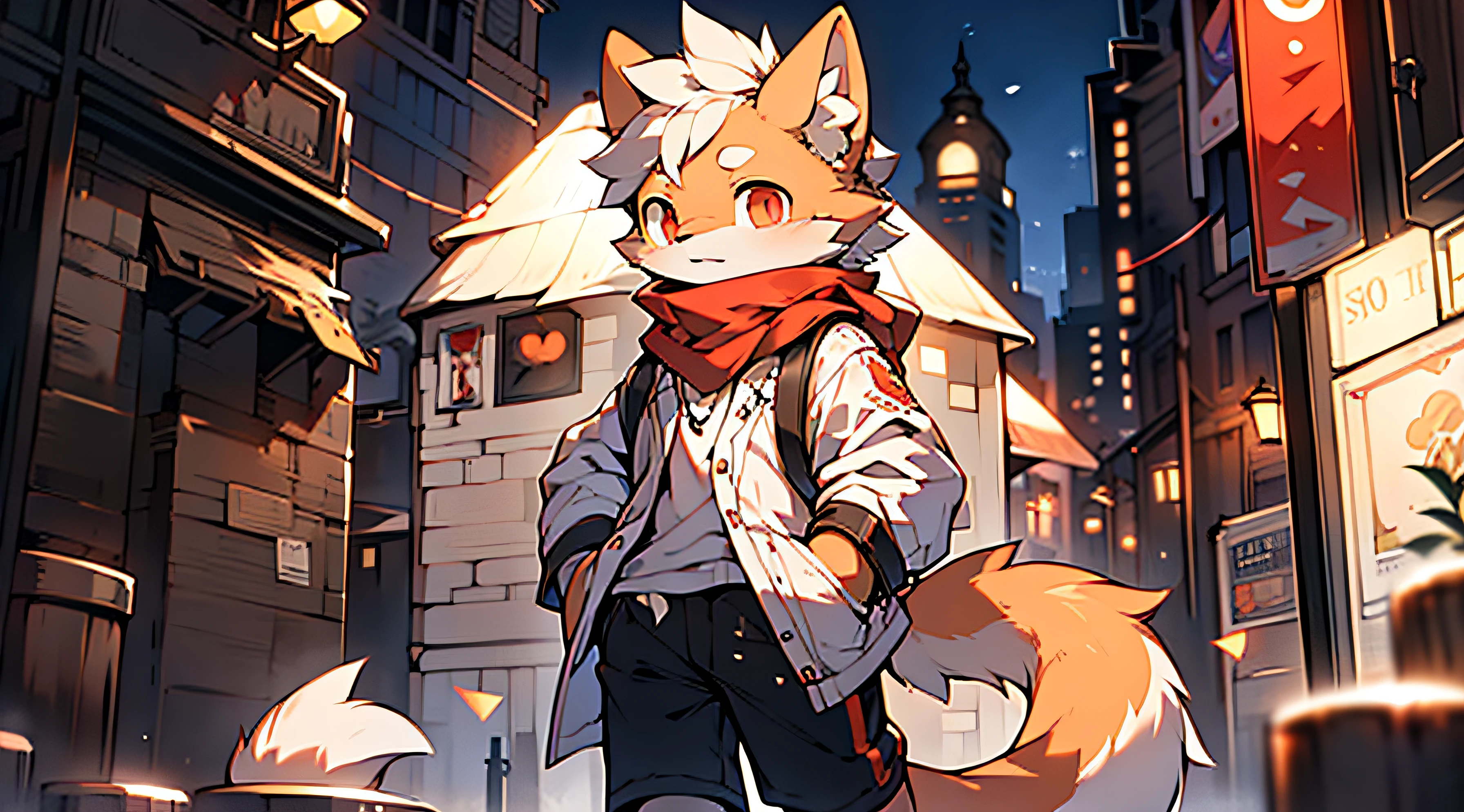 The streets of London in the twentieth century，Run alone，The height is about 1.8 meters，Light orange fur，Wear a shabby white shirt，Black  shorts，Brown worn-out coat，Red scarf shirt，Red eyes，It looks pathetic，Bleak eyes（A masterpiece）（high qulity）（Clear structure）（Clear lines）（Background of extreme detail）（extremelydetailedcharacter）