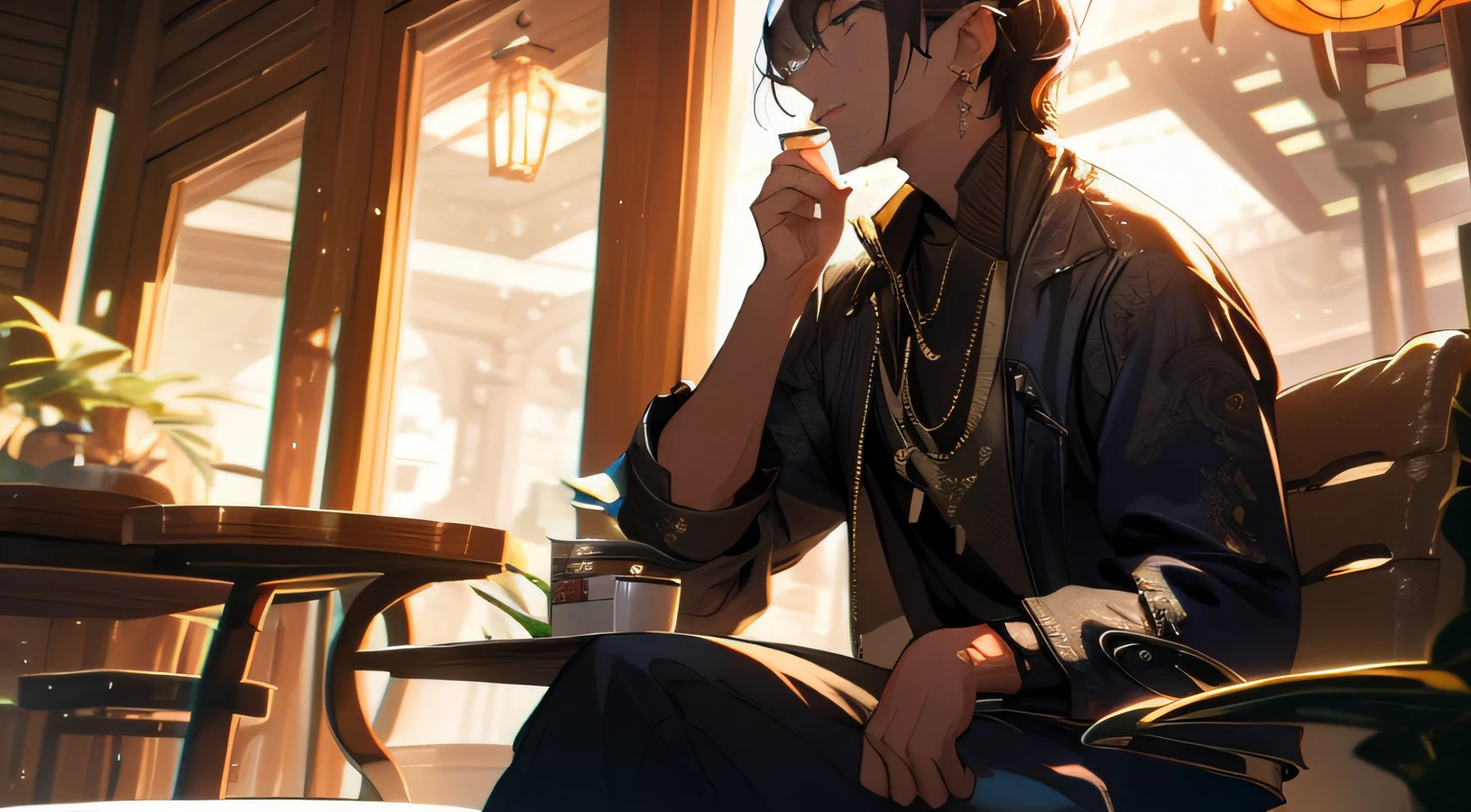 In the courtyard of the inn stood a handsome man,Mobile phone in hand,Blow cold smoke from your mouth, 夏天,Close-up,photography of, (Ultra photo realsisim), {'s, ellegance, Modern Yang Jie, detailed fantasy art, Stunning character art, Fanart Meilleure ArtStation, Epic and exquisite character art, Extremely detailed art, Meticulous digital animations are artistic
