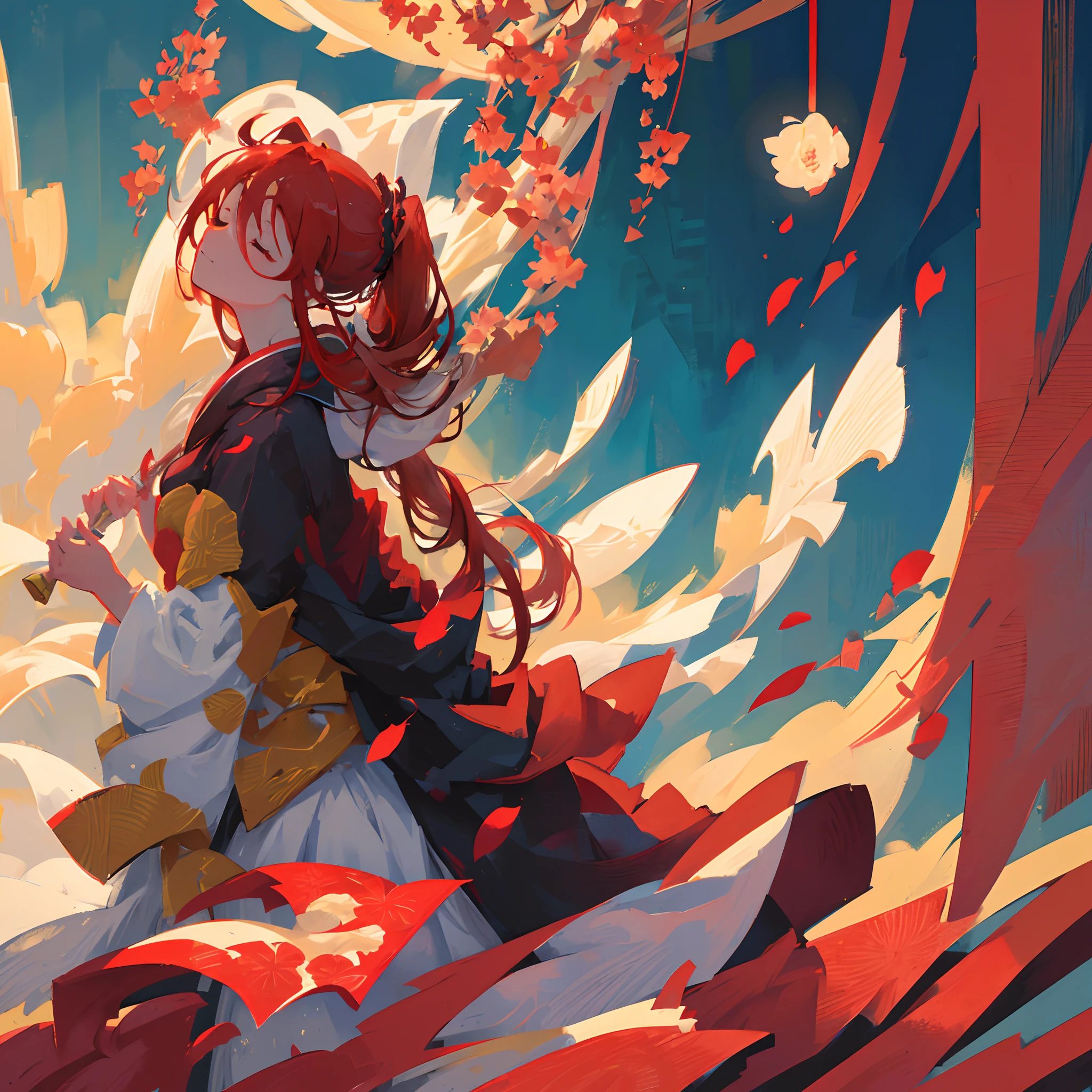 ((solo)), ((close-up side profile)) of a girl with eyes closed, ((head tilted up)), red hair that is tied up, (faint smile), flowing hair, burning flower on hair, falling petals, kimono, flowing cloth