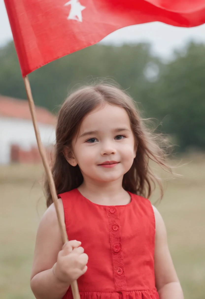 Cute girl,Holding a five-star red flag in his hand,Red flags flutter in the wind,3 ,cute anddreamy,Show a cute smile,The background is blue sky,looks into camera,The upper part of the body,line sleek,Meticulous,adolable,White and red