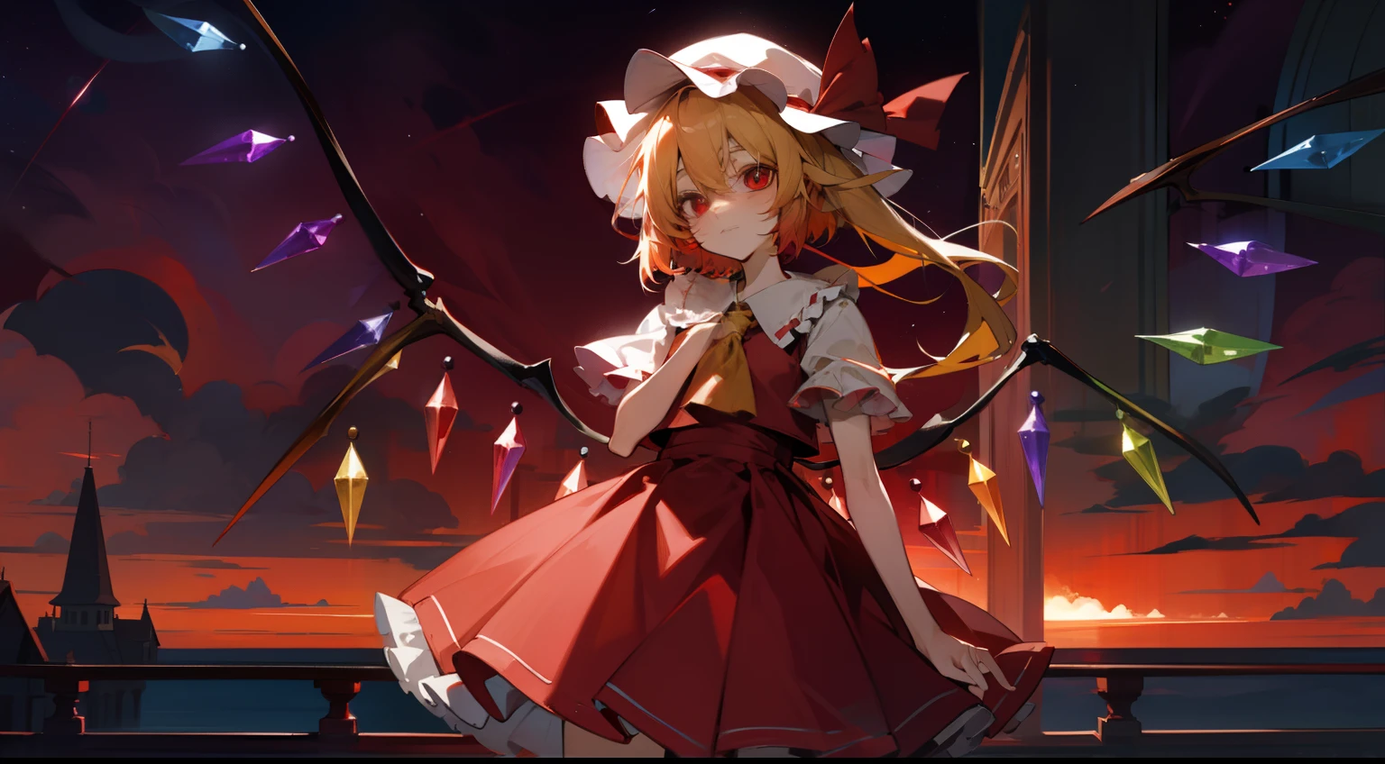 Flandre Scarlet Sky hat stands looking into the camera night