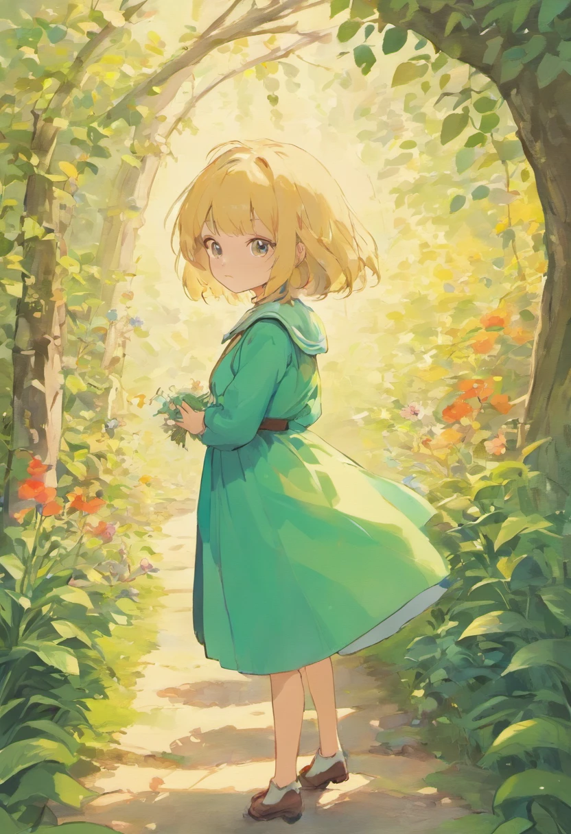 Illustration of a picture book in the style of Beatrix Potter, Shows a girl in the garden.Girl Blonde Hair, hairstyle is short bob, The girl wears only a green dress, Anatomically correct pose, The illustrations are attractive and exquisite, Soft colors and details.