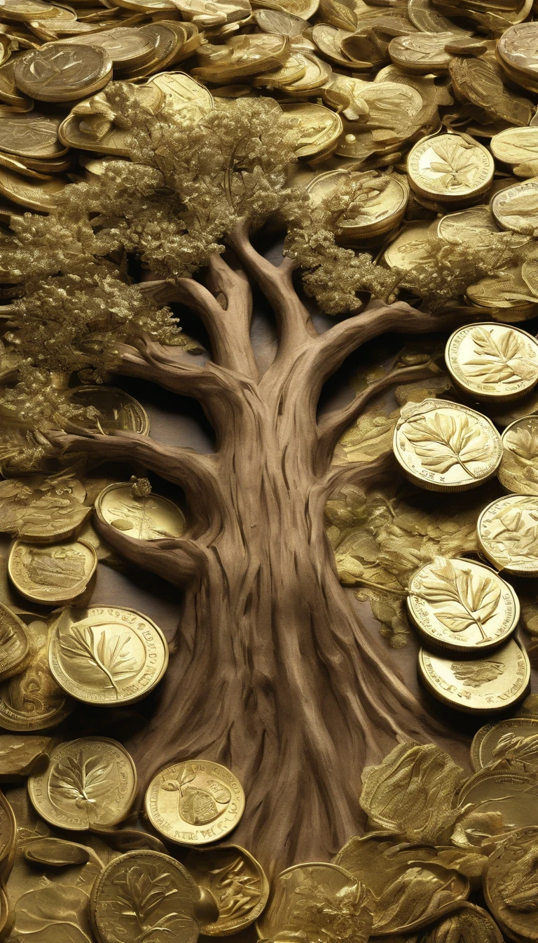 On the ground of gold coins，A tree grows，The tree is entangled with vines，The leaf fruit is composed entirely of gold coins and banknotes，Light colors，