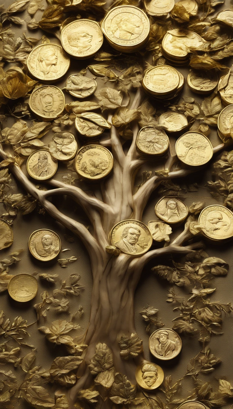 On the ground of gold coins,A tree grows,The tree is entangled with vines,The leaf fruit is composed entirely of gold coins and banknotes,Light colors,