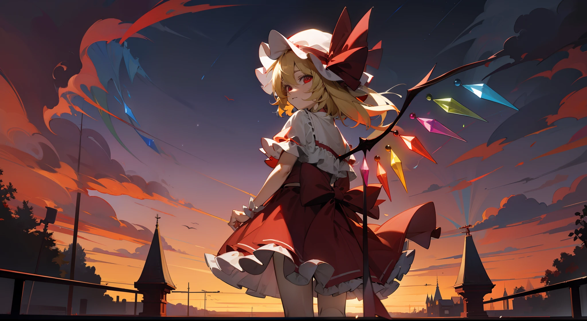 Flandre Scarlet Sky hat stands looking into the camera night
