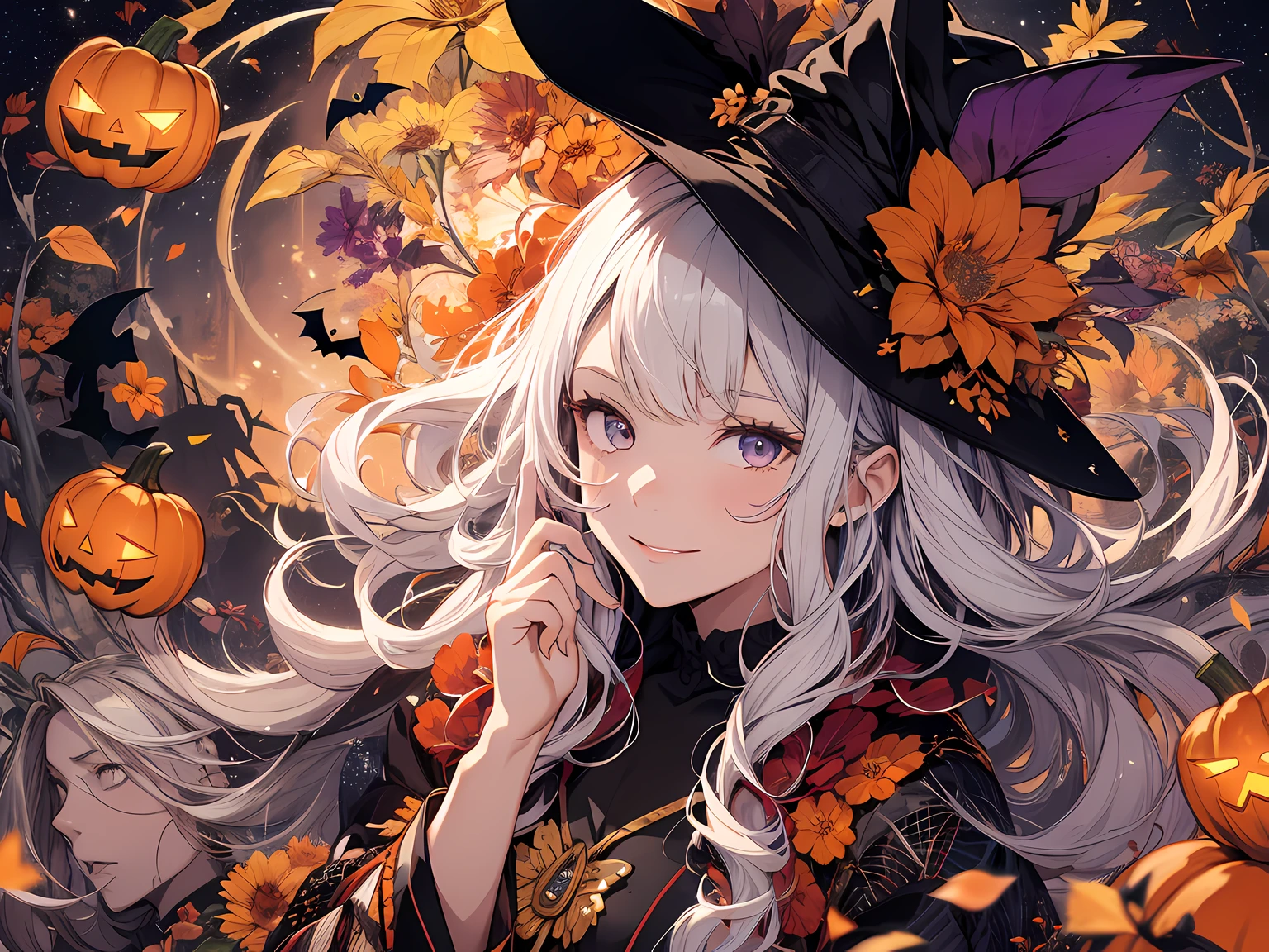 absurdres, highres, ultra detailed, (1girl:1.3) , Halloween witch, ((lovely smile)),wizard robes, wizard hat, Jack o'lantern, night, moon lighting,
BREAK, Halloween atmosphere,
 , kaleidoscopic imagery, symmetrical patterns, vibrant colors, geometric shapes, mesmerizing designs, optical illusions, dynamic composition
BREAK
, pantomime art, expressive body language, silent storytelling, evocative gestures, visual narratives, theatrical performances
BREAK
, blooming pumpkins, colorful petals, fragrant scents, nature's bounty, vibrant gardens, peaceful scenery
