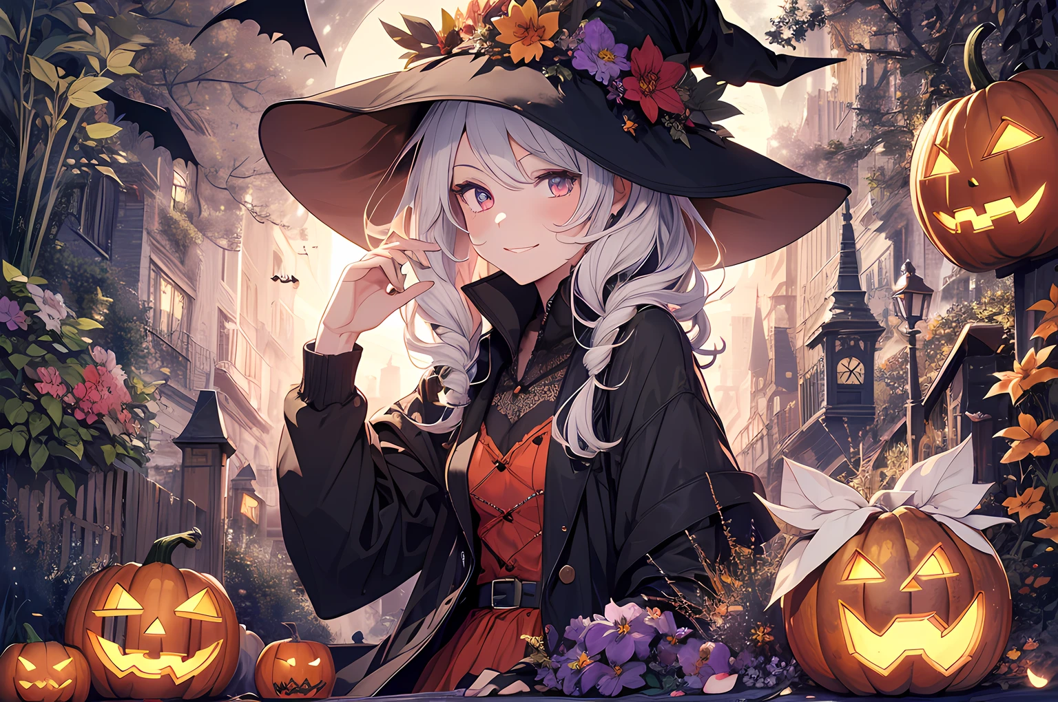 absurdres, highres, ultra detailed, (1girl:1.3) , Halloween witch, ((lovely smile)),wizard robes, wizard hat, Jack o'lantern, night, moon lighting,
BREAK, Halloween atmosphere,
 , kaleidoscopic imagery, symmetrical patterns, vibrant colors, geometric shapes, mesmerizing designs, optical illusions, dynamic composition
BREAK
, pantomime art, expressive body language, silent storytelling, evocative gestures, visual narratives, theatrical performances
BREAK
, blooming pumpkins, colorful petals, fragrant scents, nature's bounty, vibrant gardens, peaceful scenery