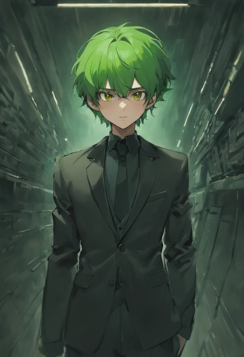 1guy, green hair, brown eyes, cigarette in mouth, 34 years old, gantz suit red and black,