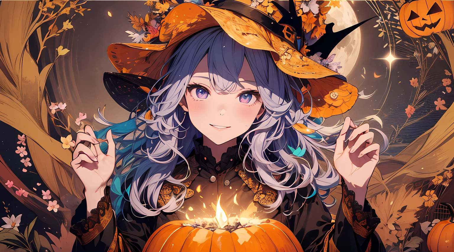 absurdres, highres, ultra detailed, (1girl:1.3) , Halloween witch, ((lovely smile)),wizard robes, wizard hat, Jack o'lantern, night, moon lighting,
BREAK, Halloween atmosphere,
 , kaleidoscopic imagery, symmetrical patterns, vibrant colors, geometric shapes, mesmerizing designs, optical illusions, dynamic composition
BREAK
, pantomime art, expressive body language, silent storytelling, evocative gestures, visual narratives, theatrical performances
BREAK
, blooming pumpkins, colorful petals, fragrant scents, nature's bounty, vibrant gardens, peaceful scenery