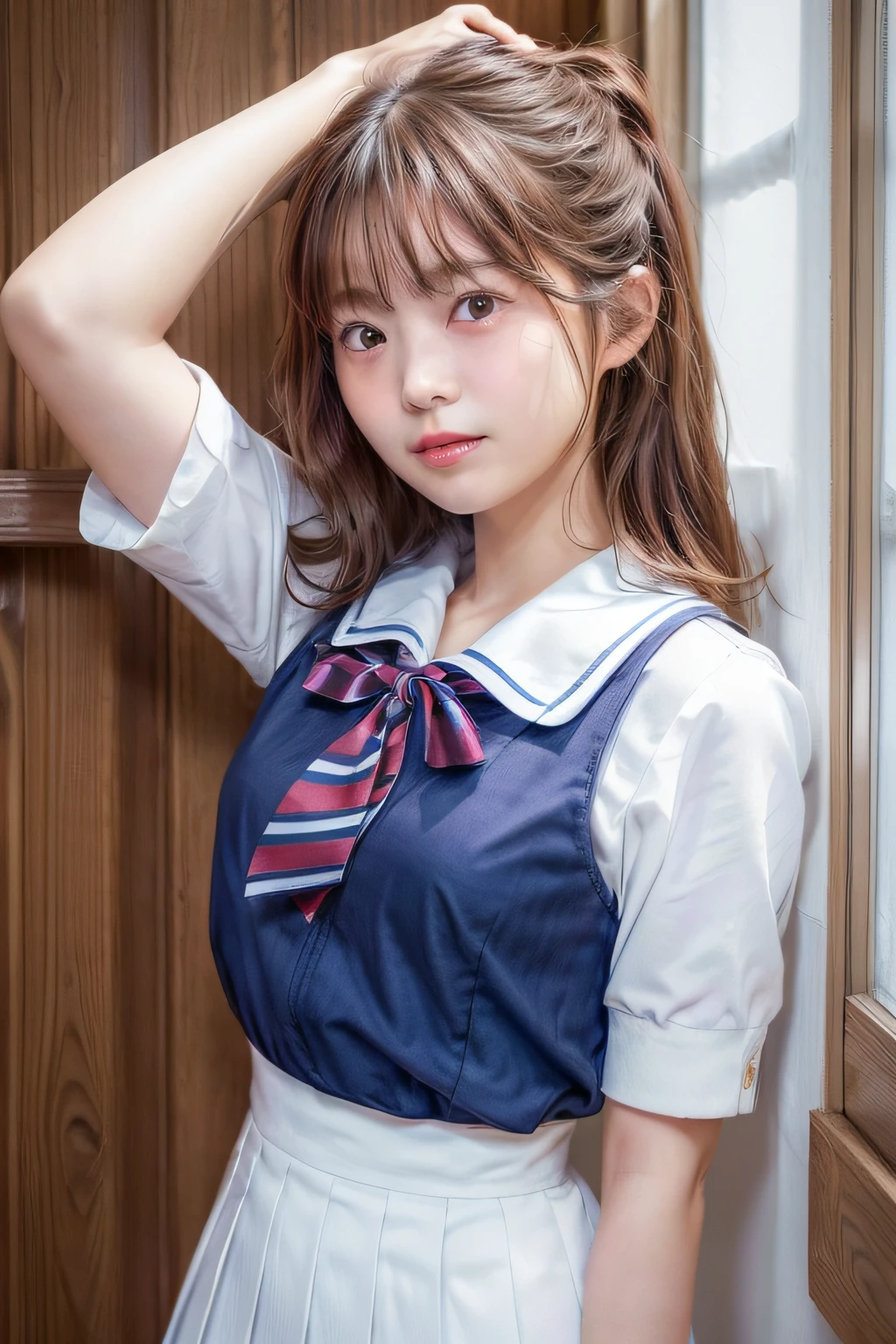 ((Top image quality、8K、masterpiece:1.3))、Realistic high-quality photos、top-quality、girl cute-fine face、 beautiful Japan girl、Photo of slim little girl model、Beautiful girl model、young japanese girl、Young cute face、japanaese girl、13-year-old maldel、Btiful Model Girl、The innocent look of the girl next door、lovely delicate face、Brown hair、Beautiful brown eyes、Tear bag、drooing eyes、young body、((a sailor suit)),((Short sleeve uniform white shirt)),(red necktie),(Blue Mini Pleated Skirt)