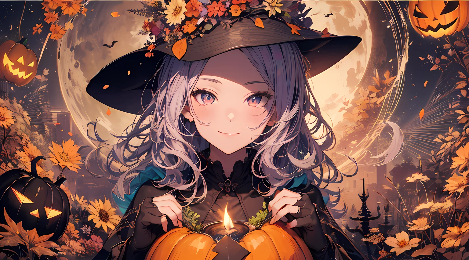 absurdres, highres, ultra detailed, (1girl:1.3) , Halloween witch, ((lovely smile)),wizard robes, wizard hat, Jack o'lantern, night, moon lighting,
BREAK, Halloween atmosphere,
 , kaleidoscopic imagery, symmetrical patterns, vibrant colors, geometric shapes, mesmerizing designs, optical illusions, dynamic composition
BREAK
, pantomime art, expressive body language, silent storytelling, evocative gestures, visual narratives, theatrical performances
BREAK
, blooming pumpkins, colorful petals, fragrant scents, nature's bounty, vibrant gardens, peaceful scenery