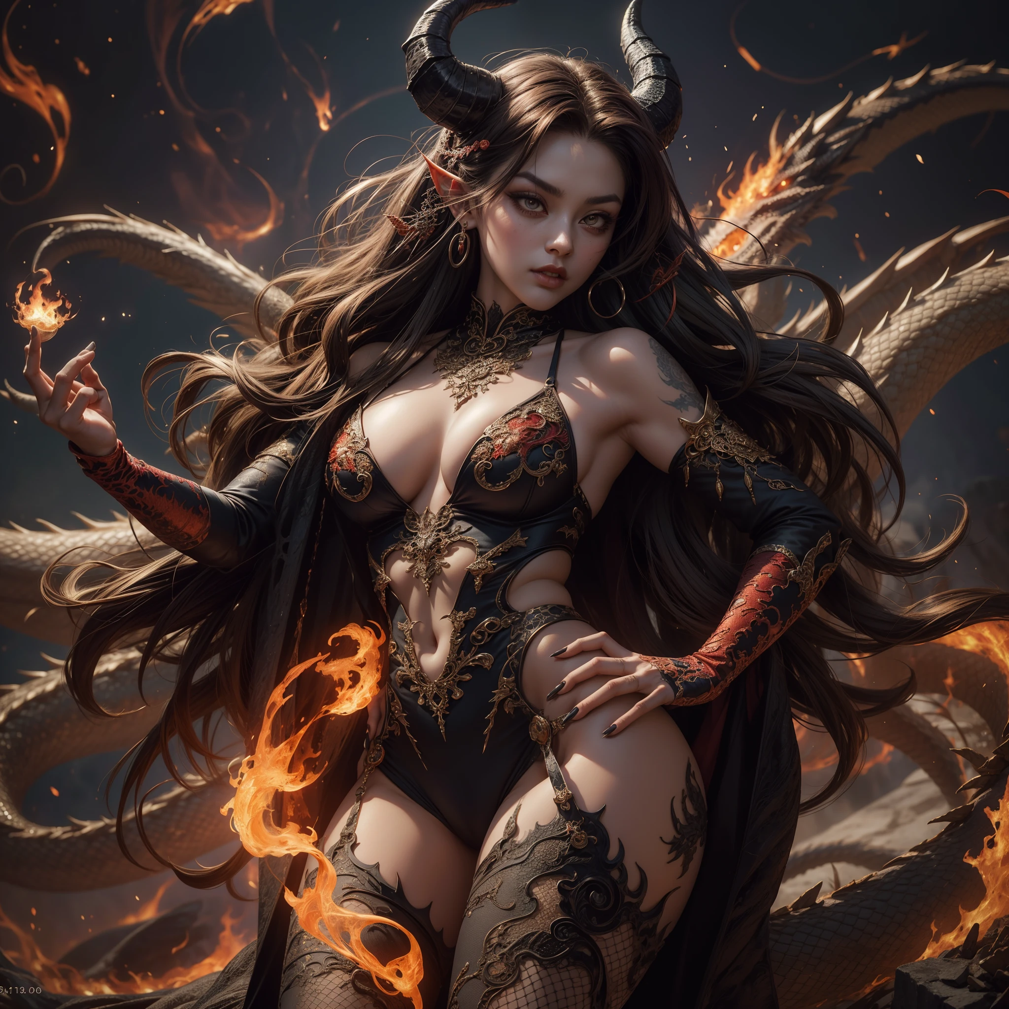 A demoness with dragon horns and dragon scales, sexy, alluring, The posture is full of majesty and power，The pupils seemed to burn with flames，It's also a human-like body，The sumptuous vintage suit is embroidered with intricate ornaments，Looks like some kind of symbol of power