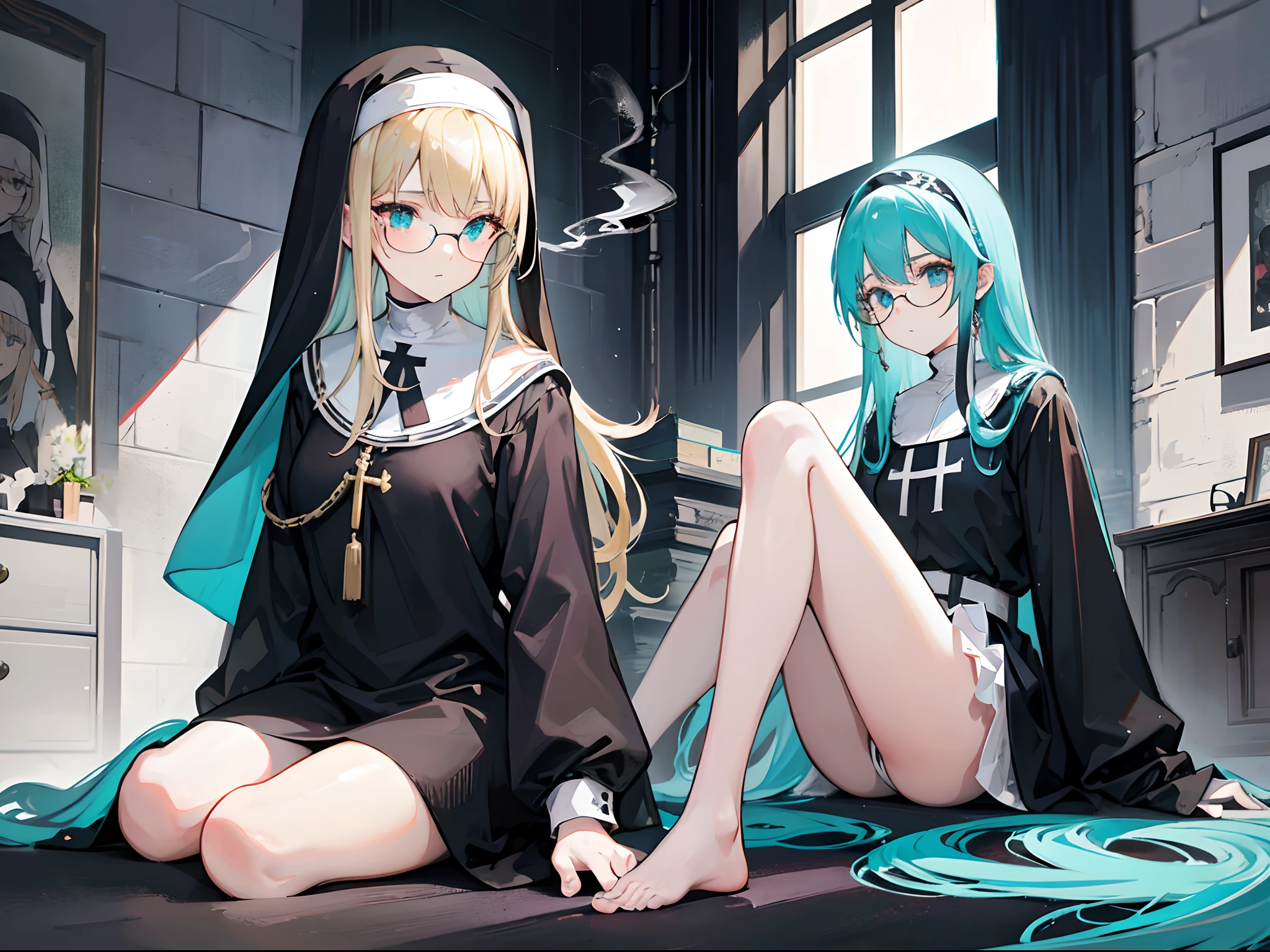 An 18-year-old woman with blond hair and turquoise eyes..., long-haired, Black Ribbon, Wear glasses and a nun's uniform..., Smoking sitting