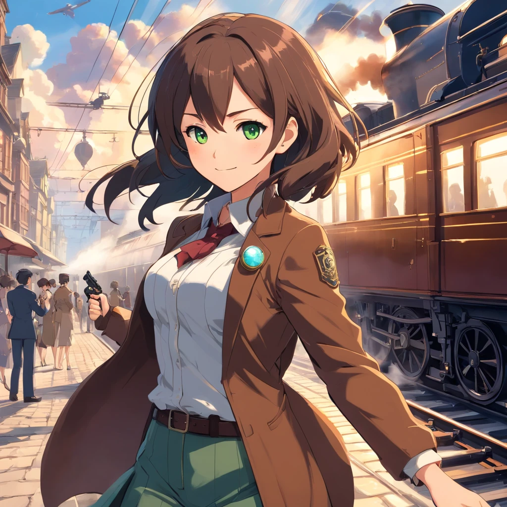Facing the Reader, Camera at Chest Height, Investigative Journalist Attire with Brown Outfit and Patches, Revolver Holstered on Waist, Smiling Expression, Green Eyes, Dark Brown Shoulder-Length Hair, Victorian Era Steampunk Setting with Victorian Street, Passing Steam Train, and Flying Airships