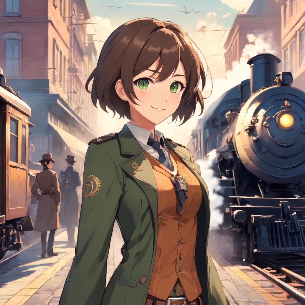 Facing the Reader, Camera at Chest Height, Investigative Journalist Attire with Brown Outfit and Patches, Revolver Holstered on Waist, Smiling Expression, Green Eyes, Dark Brown Shoulder-Length Hair, Victorian Era Steampunk Setting with Victorian Street, Passing Steam Train, and Flying Airships