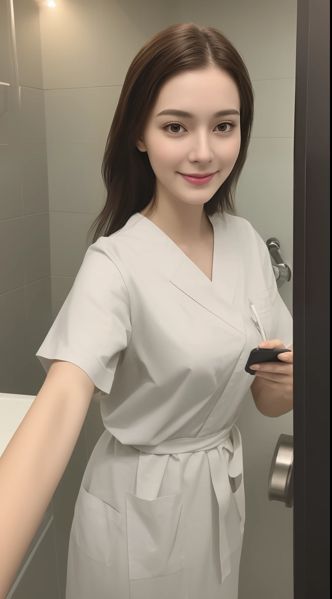 realistic portrait, Of a tall Scandinavian girl with brown eyes and dark brown hairstyle, 20 years old, Beautiful, Detailed face, Detailed eyes, (Realistic skin:1.3), (pale skin:1.1), (Textured skin:1.3), ((Wearing a white nurse scrub)), Smile, ((mirror selfie)), ((Hold her phone in front of her)), (photo on iphone), (perfect medium breasts:1.1), ((Bathroom)), (artificial lights:1.3), Looking at the camera, Perfect slim body, amateur photo, Photorealistic, Detailed, analogue, low-quality, Grainy