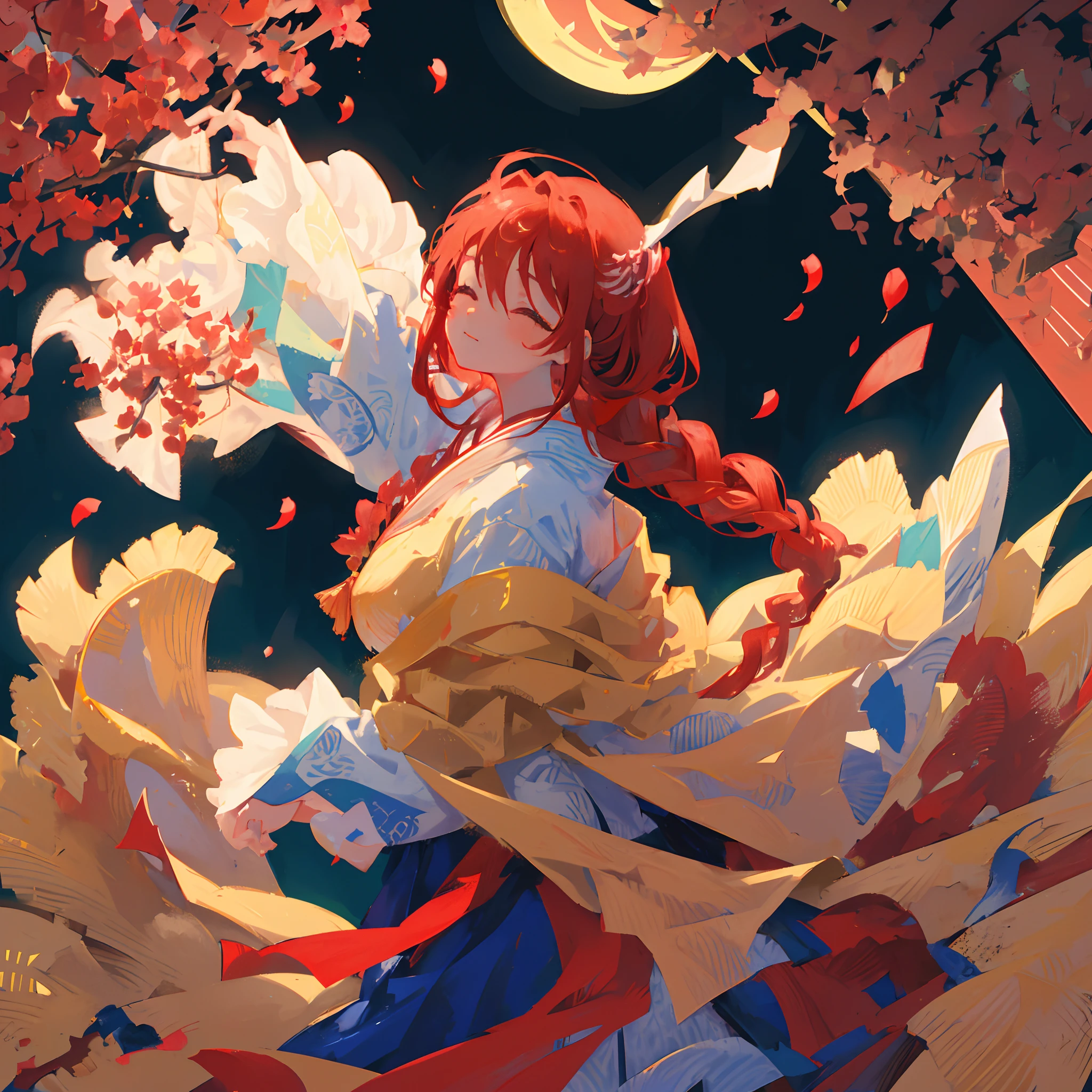 ((solo)), ((close-up side profile)) of a girl with eyes closed, ((head tilted up)), red hair that is tied up, (faint smile), flowing hair, burning flower on hair, falling petals, kimono, flowing cloth