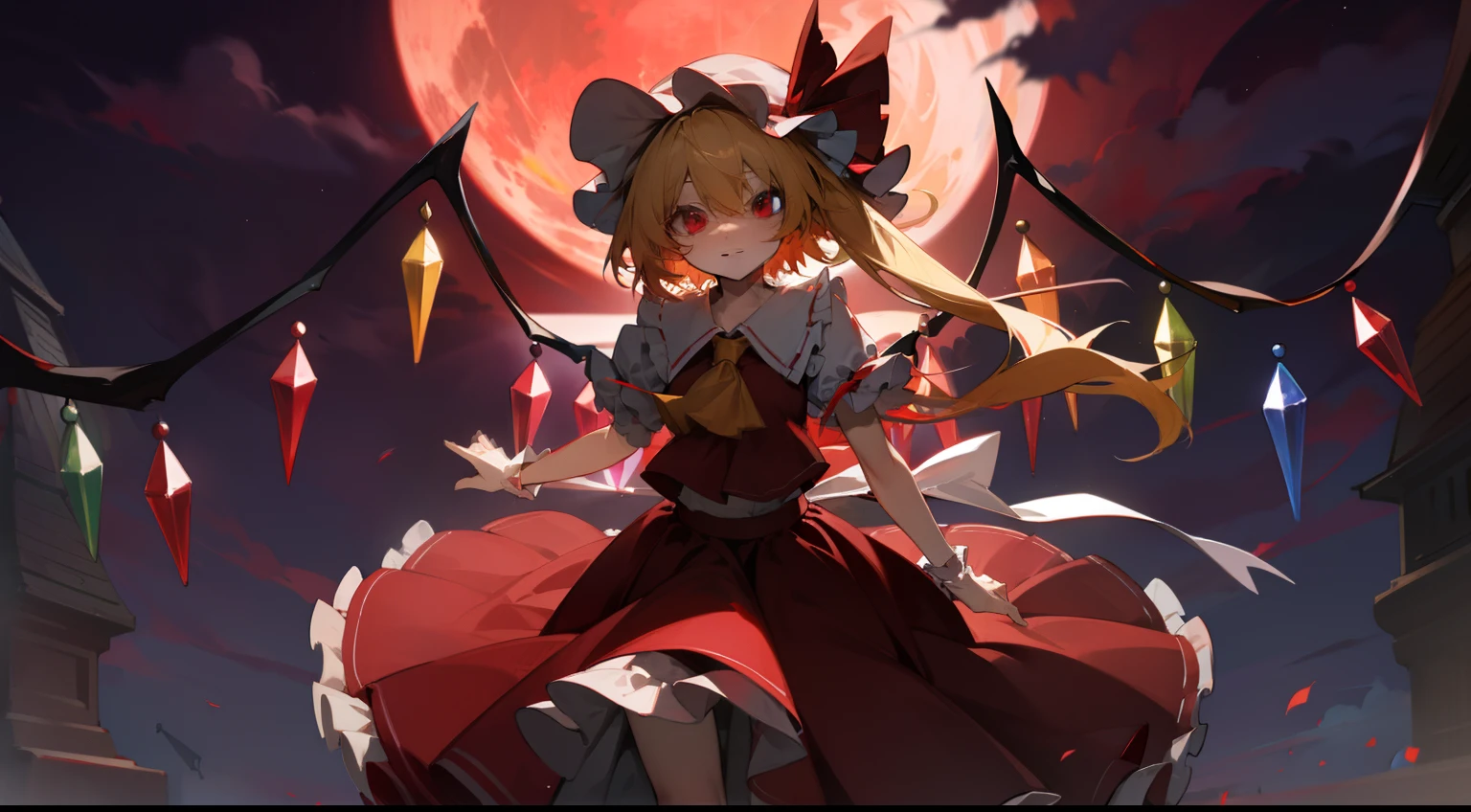 Flandre Scarlet Sky hat stands looking into the camera night