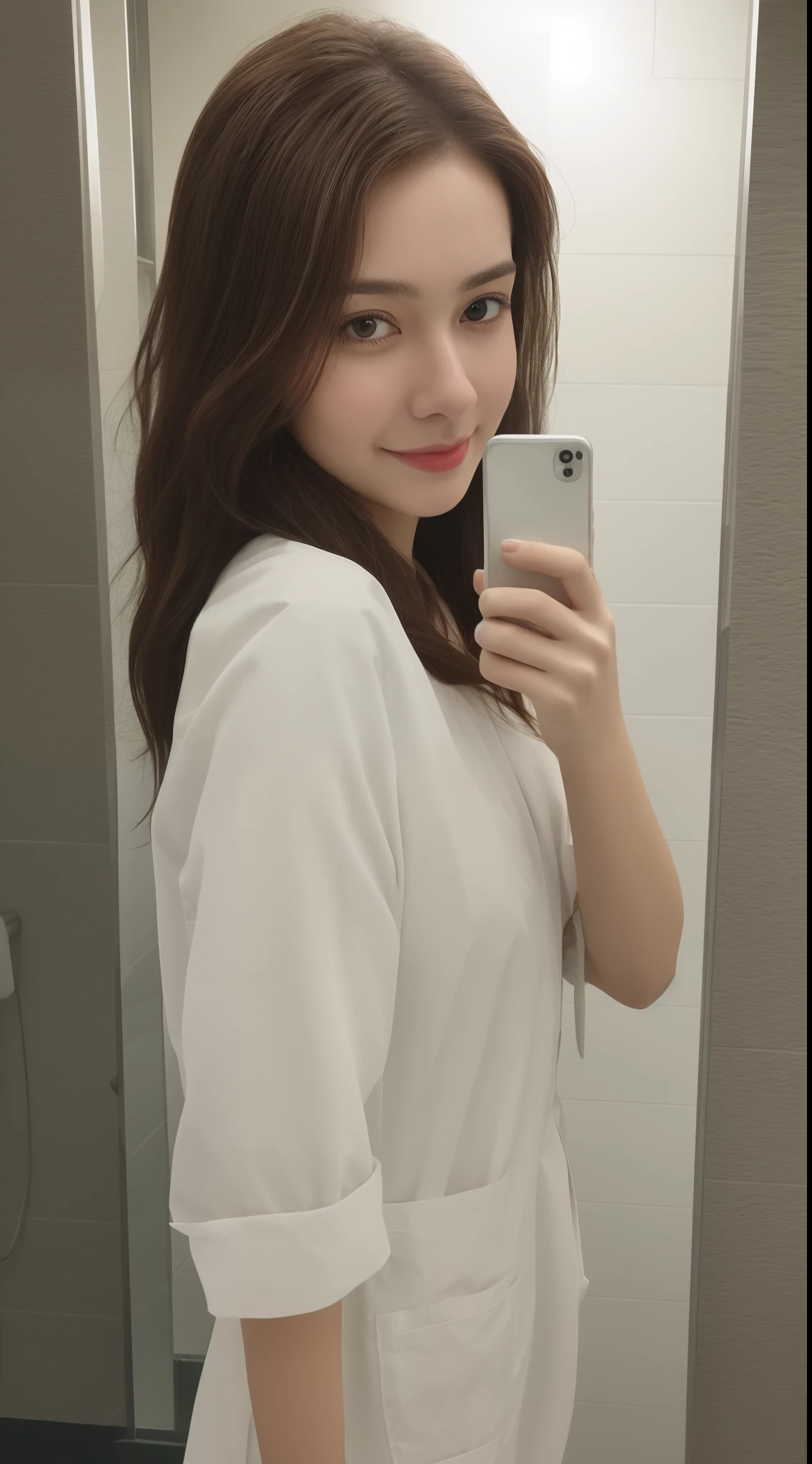 realistic portrait, Of a tall Scandinavian girl with brown eyes and dark brown hairstyle, 20 years old, Beautiful, Detailed face, Detailed eyes, (Realistic skin:1.3), (pale skin:1.1), (Textured skin:1.3), ((Wearing a white nurse scrub)), Smile, ((mirror selfie)), ((Hold her phone in front of her)), (photo on iphone), (perfect medium breasts:1.1), ((Bathroom)), (artificial lights:1.3), Looking at the camera, Perfect slim body, amateur photo, Photorealistic, Detailed, analogue, low-quality, Grainy
