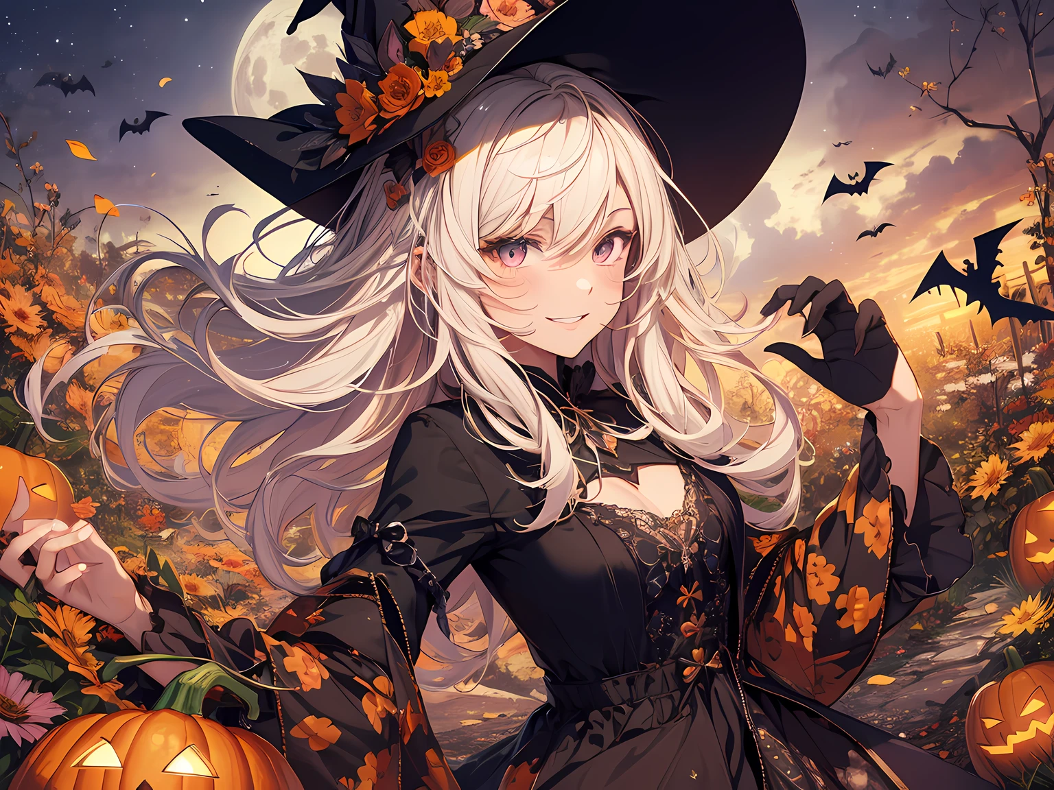 absurdres, highres, ultra detailed, (1girl:1.3) , Halloween witch, ((lovely smile)),wizard robes, wizard hat, Jack o'lantern, night, moon lighting,
BREAK, Halloween atmosphere,
 , kaleidoscopic imagery, symmetrical patterns, vibrant colors, geometric shapes, mesmerizing designs, optical illusions, dynamic composition
BREAK
, pantomime art, expressive body language, silent storytelling, evocative gestures, visual narratives, theatrical performances
BREAK
, blooming pumpkins, colorful petals, fragrant scents, nature's bounty, vibrant gardens, peaceful scenery