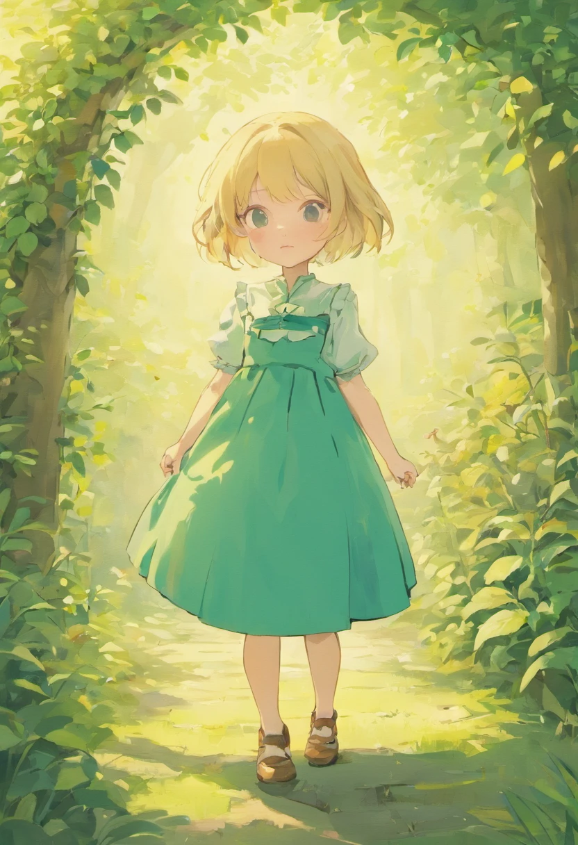 Illustration of a picture book in the style of Beatrix Potter, Shows a girl in the garden.Girl Blonde Hair, hairstyle is short bob, The girl wears only a green dress,There is no color other than green on the dress, Anatomically correct pose, The illustrations are attractive and exquisite, Soft colors and details.