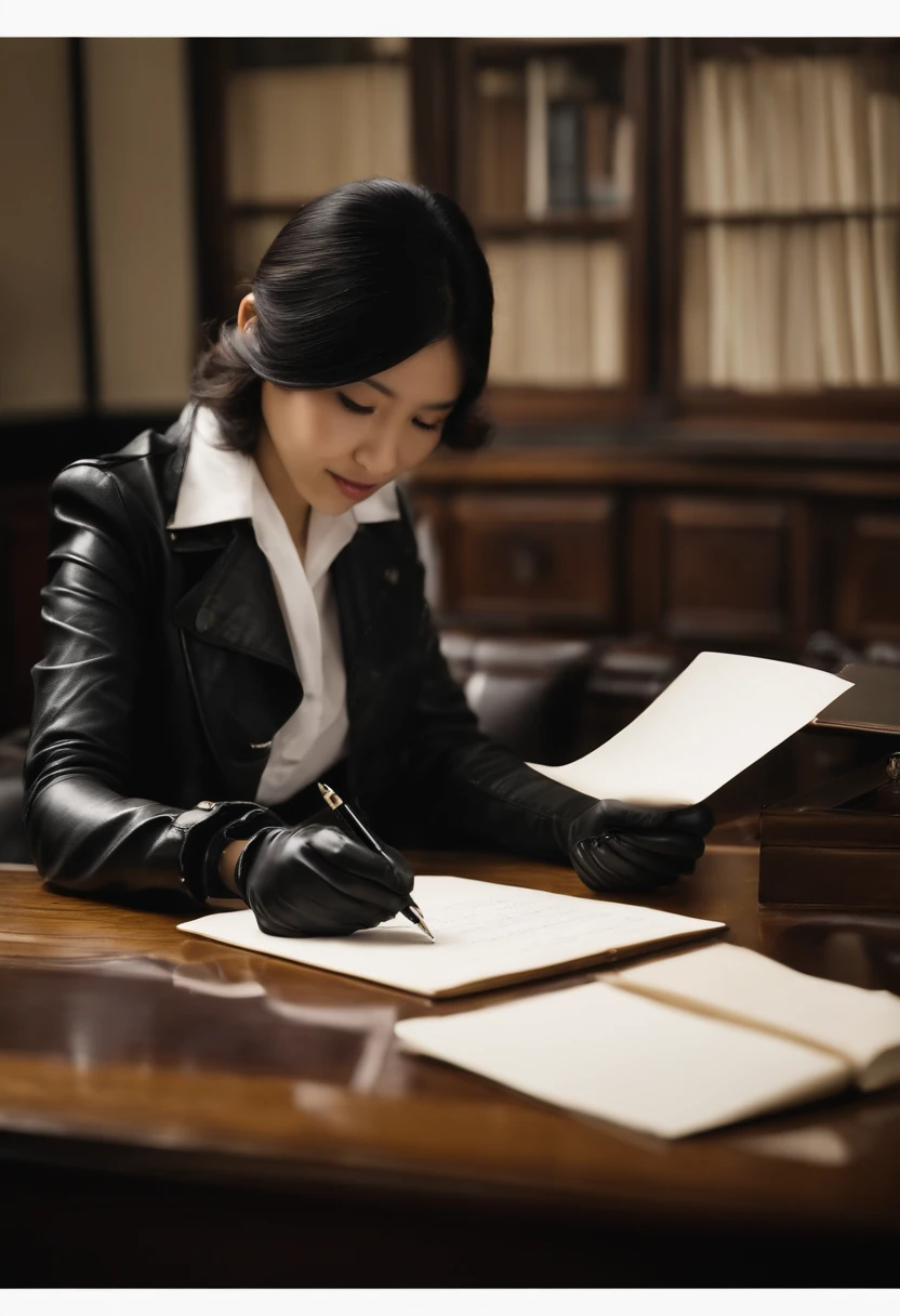 Wearing black leather gloves on both hands, Upper body, Black Leather Riders Jacket, Facing the desk in the study, Look down and smile, Use a fountain pen to write a letter, Black hair long straight, Young japanese lady (Black leather gloves cover both hands)