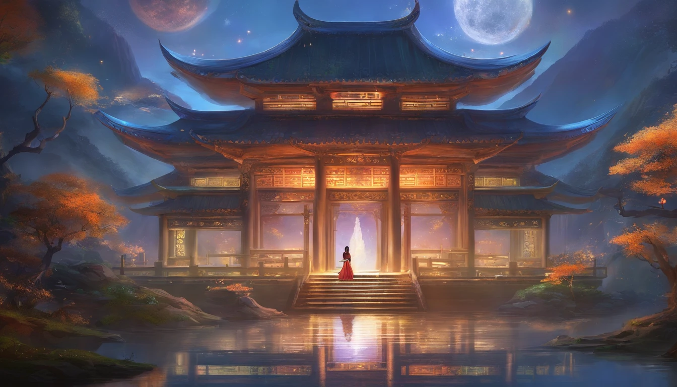 master-piece,ultra-high resolution,Fotorrealistas Photos,night,Full body image of Chinese fairy,delicate face,Delicate hair jewelry,barefoot,Float in the air,Look at the view.,Large Palace,Milky Way and the Giant Moon,Hanfu gauze skirt,Osmanthus Tree,Tremula Osmanthus,
