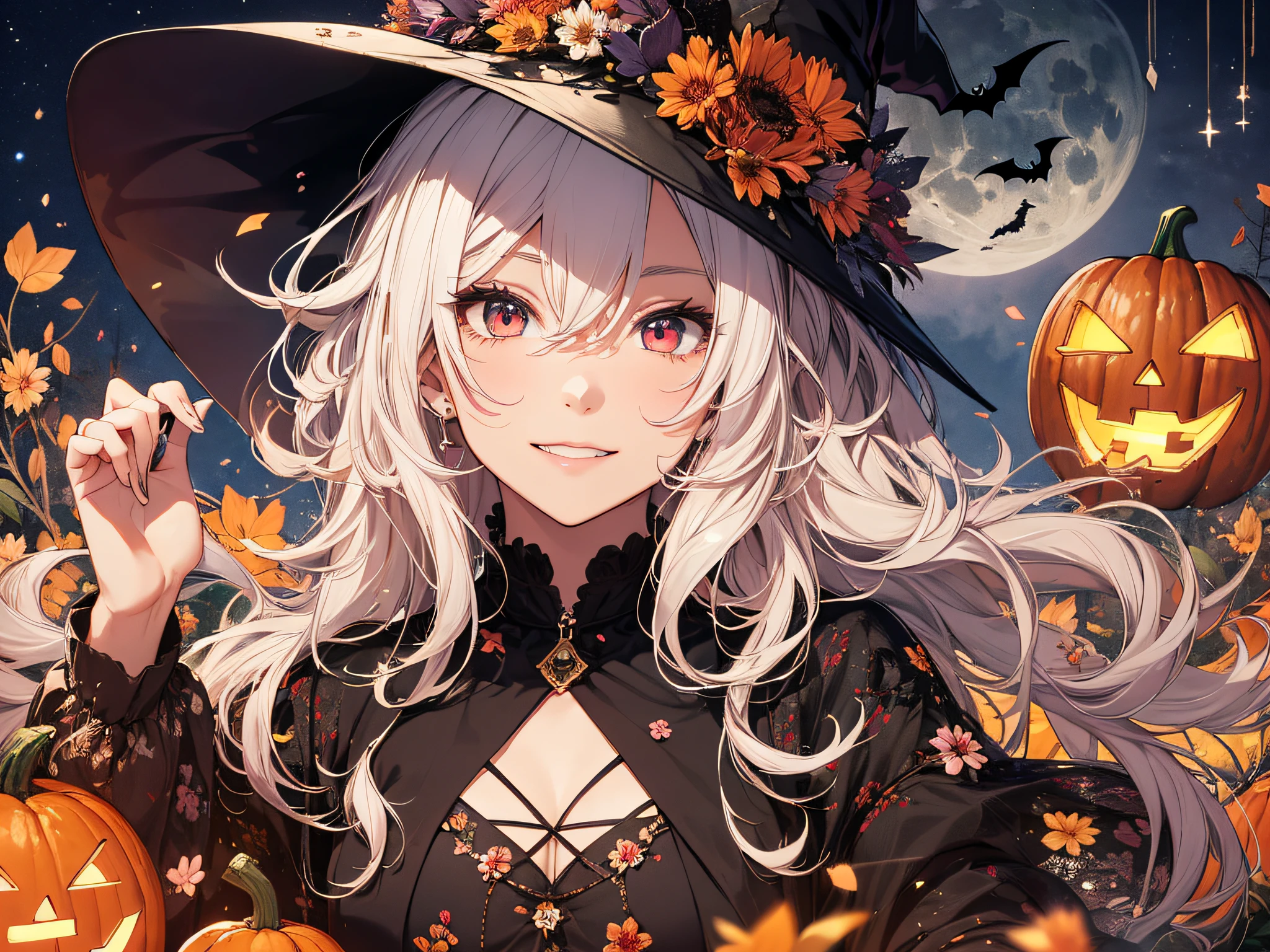 absurdres, highres, ultra detailed, (1girl:1.3) , Halloween witch, ((lovely smile)),wizard robes, wizard hat, Jack o'lantern, night, moon lighting,
BREAK, Halloween atmosphere,
, kaleidoscopic imagery, symmetrical patterns, vibrant colors, geometric shapes, mesmerizing designs, optical illusions, dynamic composition
BREAK
, pantomime art, expressive body language, silent storytelling, evocative gestures, visual narratives, theatrical performances
BREAK
, blooming pumpkins, colorful petals, fragrant scents, nature's bounty, vibrant gardens, peaceful scenery