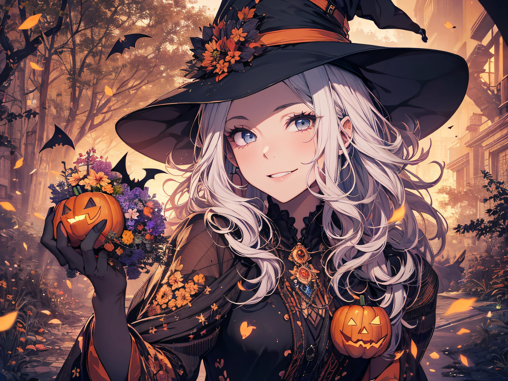 absurdres, highres, ultra detailed, (1girl:1.3) , Halloween witch, ((lovely smile)),wizard robes, wizard hat, Jack o'lantern, night, moon lighting,
BREAK, Halloween atmosphere,
 , kaleidoscopic imagery, symmetrical patterns, vibrant colors, geometric shapes, mesmerizing designs, optical illusions, dynamic composition
BREAK
, pantomime art, expressive body language, silent storytelling, evocative gestures, visual narratives, theatrical performances
BREAK
, blooming pumpkins, colorful petals, fragrant scents, nature's bounty, vibrant gardens, peaceful scenery,(wide angle:1.5)