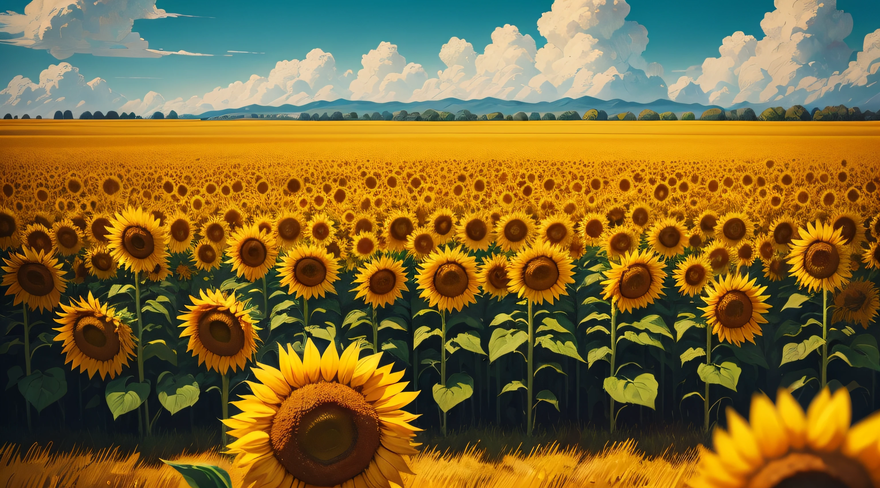 A sun-drenched field of sunflowers, inspired by Van Gogh's iconic series, using bold and expressive brushwork to convey the intensity of sunlight and the vividness of the golden blossoms.