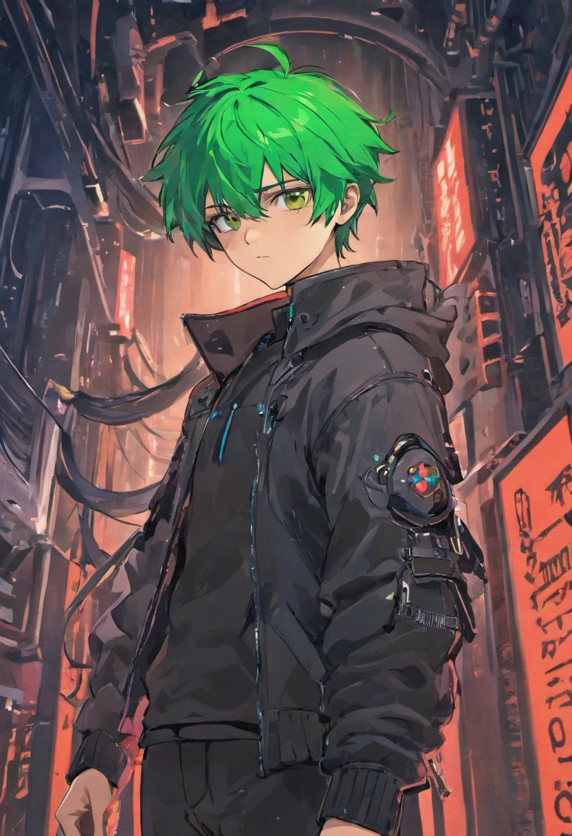 1guy, green hair, brown eyes, cyberpunk gantz suit,