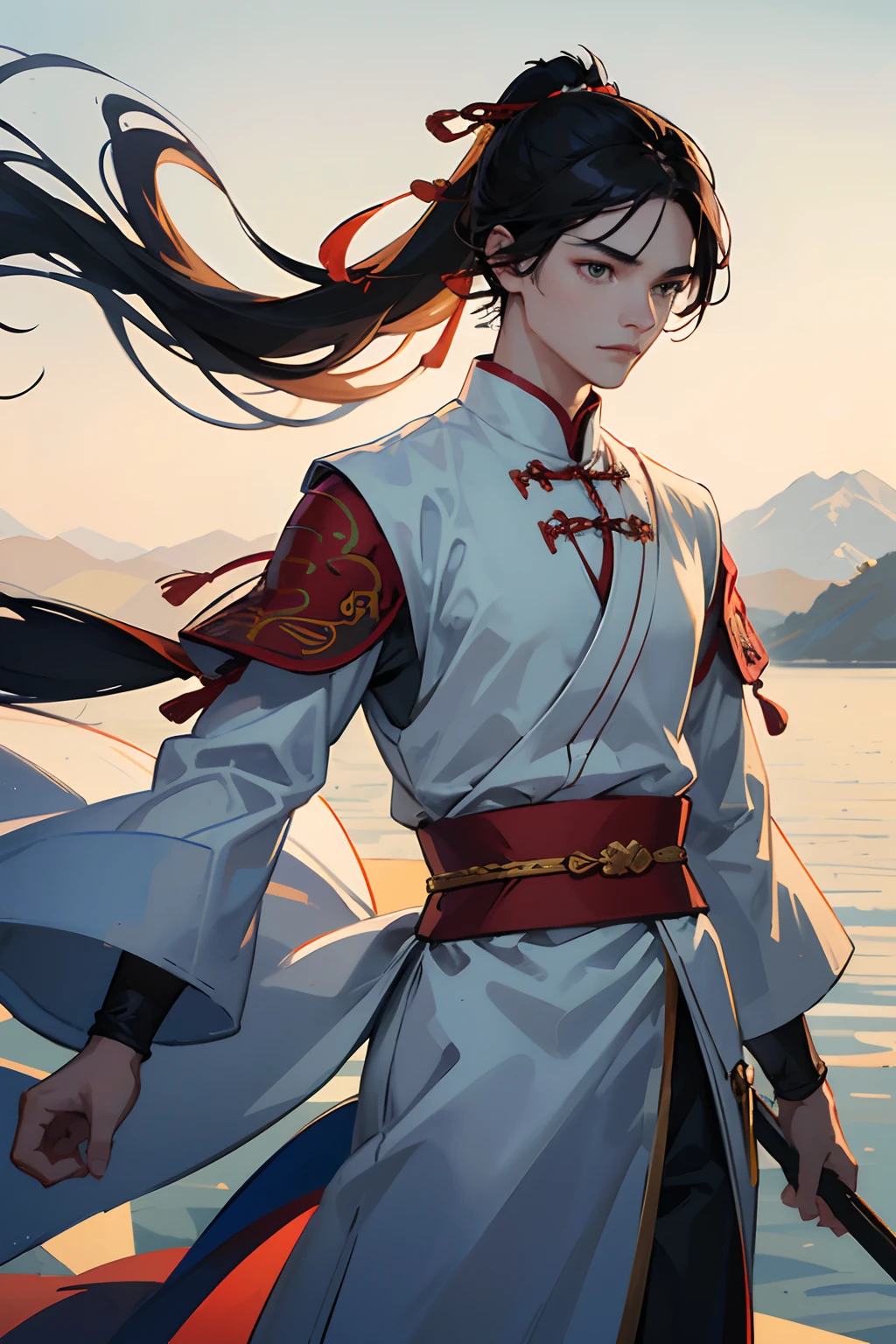 A boy staring ahead wearing traditional chinese warrior attire with a sword pointed ahead, Best Quality, Masterpiece, High Resolution, 1man, handsome, delicate face, chinese, regal, black hair, long hair, grey eyes, calm, high ponytail, Chinese lore, xianxia, wuxia, traditional Chinese, warrior, swordsman, point sword, white robes, long sleeves, white belt, silver arm bracers, simple hair crown, morning, high mountain scale, wind blowing, On Body, Tyndall Effect, Realistic, Shadow Studio, Rim Lighting, Dual Tone Lighting, (High Detail Skins: 1.2), 8k UHD, dslr, soft light, high quality, volume light, tight shot, photo, high resolution, 4k, 8k, background blur,