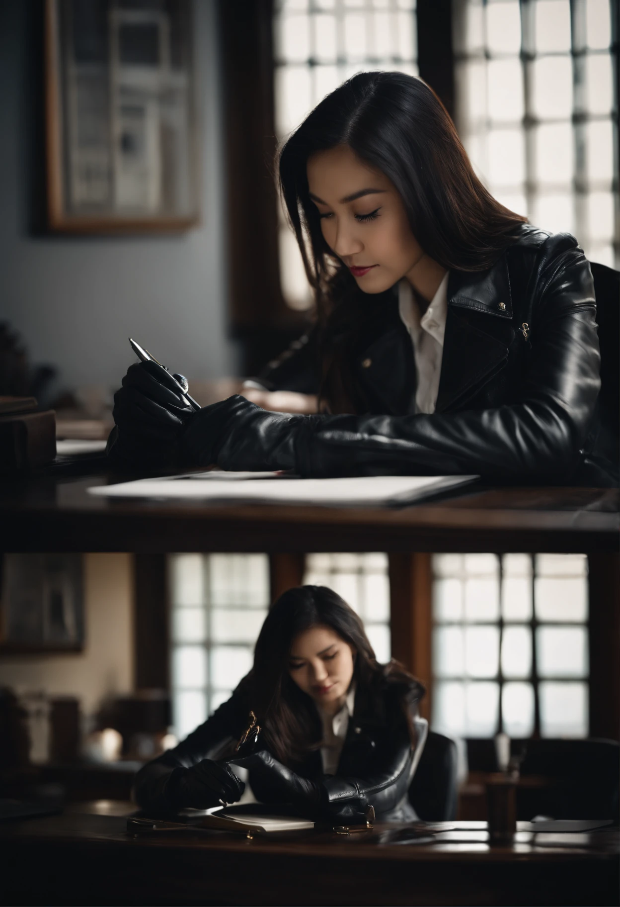 Wearing black leather gloves on both hands, Upper body, Black Leather Riders Jacket, Facing the desk in the study, Look down and smile, Use a fountain pen to write a letter, Black hair long straight, Young japanese lady (Black leather gloves cover both hands)