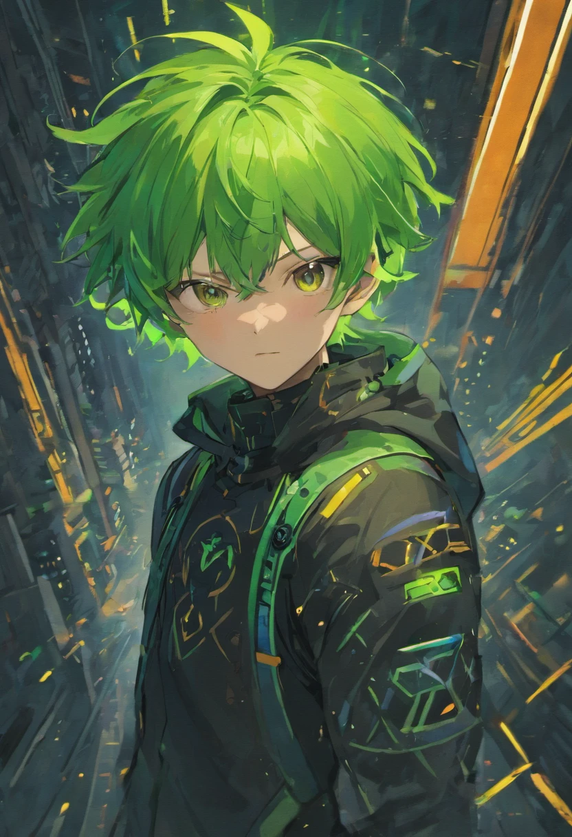 1guy, green hair, brown eyes, bio suit black,