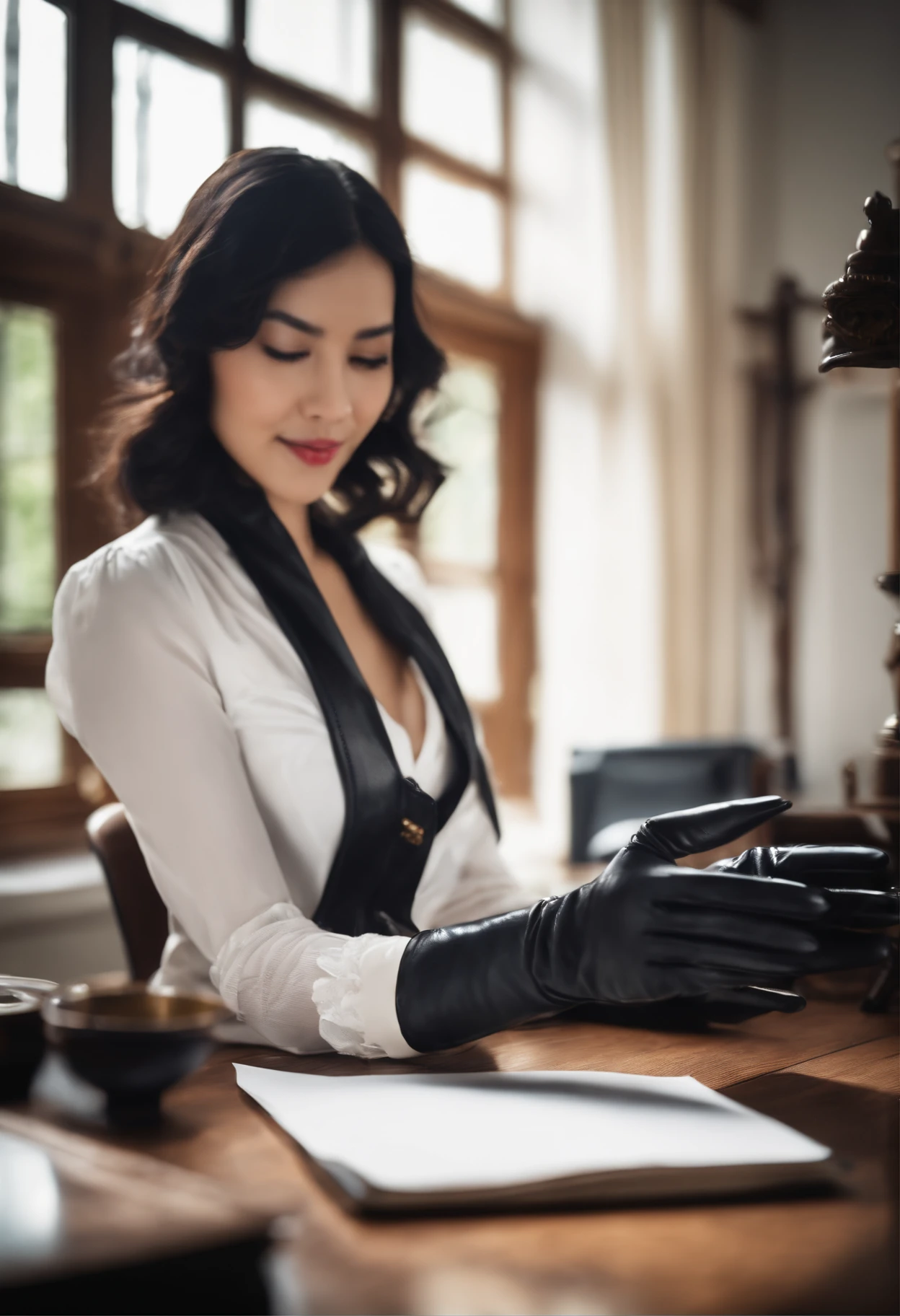 Wearing black leather gloves on both hands, Upper body, Black Leather Riders Jacket, Facing the desk in the study, Look down and smile, Use a fountain pen to write a letter, Black hair long straight, Young japanese lady (Black leather gloves cover both hands)