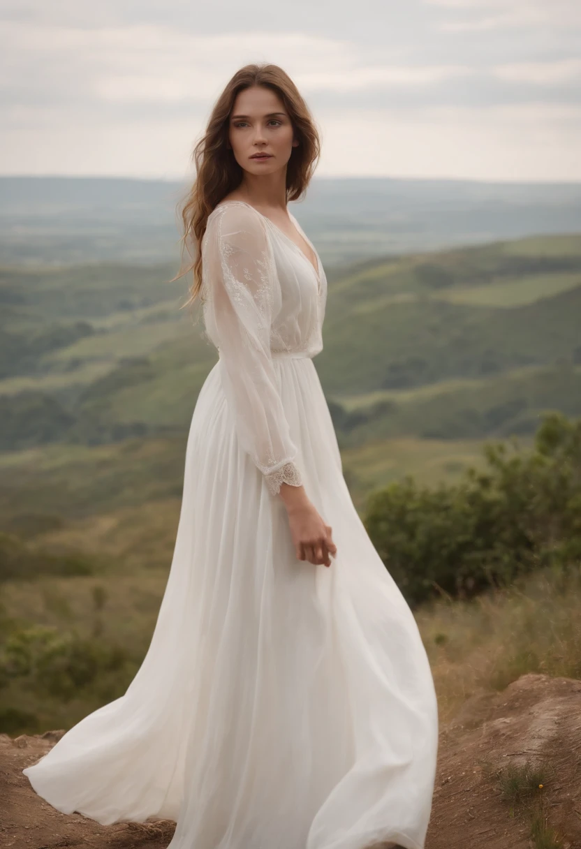 A woman in a flowing white dress stands on top of a hill, sua voz ressoando do outro lado do vale.