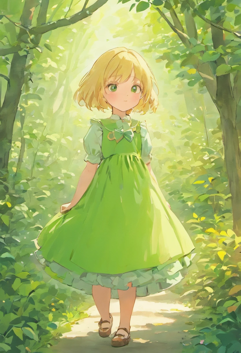 Illustration of a picture book in the style of Beatrix Potter, Shows a girl in the garden.Girl Blonde Hair, hairstyle is short bob, The girl wears only a green dress,There is no color other than green in the dress, Anatomically correct pose, The illustrations are attractive and exquisite, Soft colors and details.