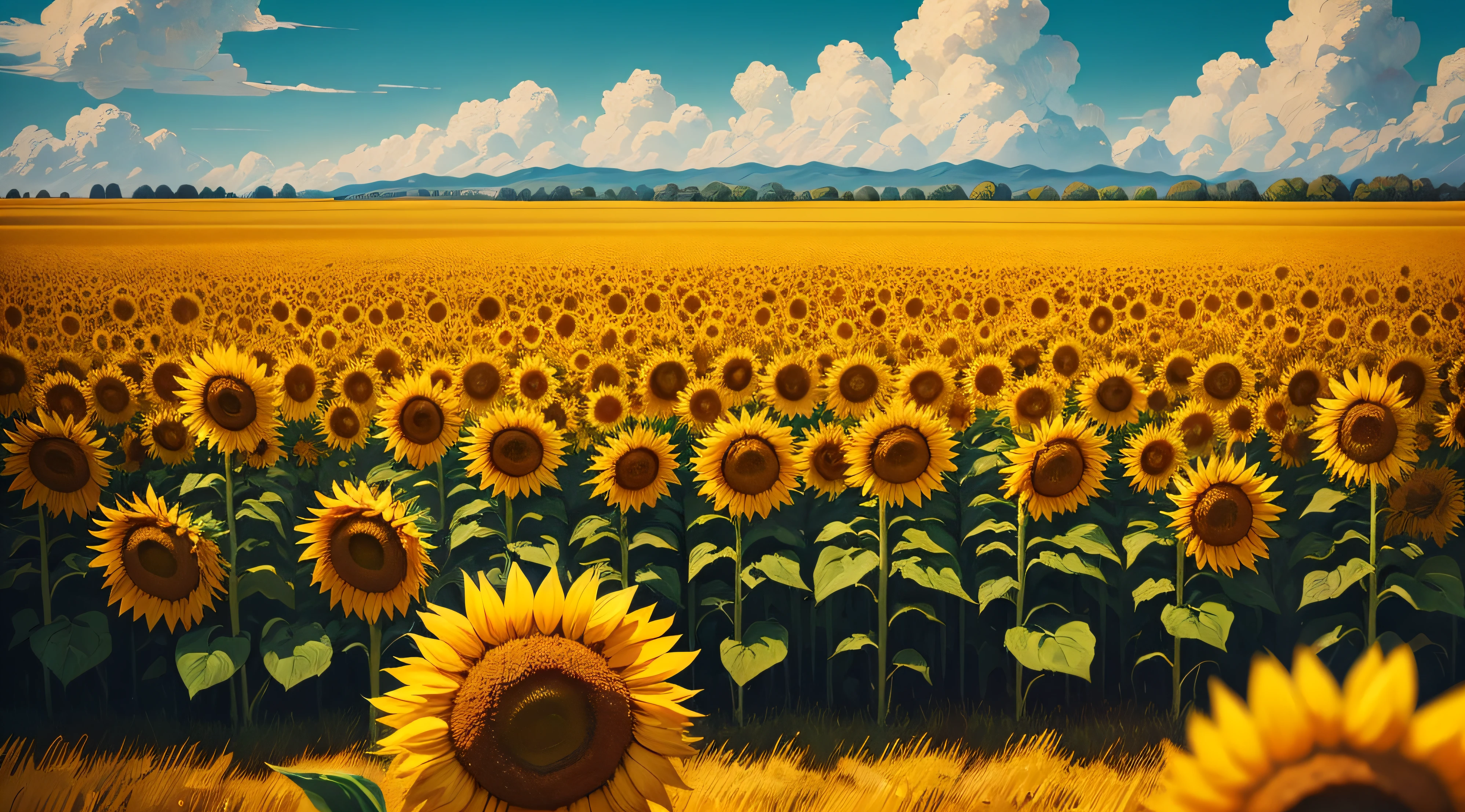 A sun-drenched field of sunflowers, inspired by Van Gogh's iconic series, using bold and expressive brushwork to convey the intensity of sunlight and the vividness of the golden blossoms.