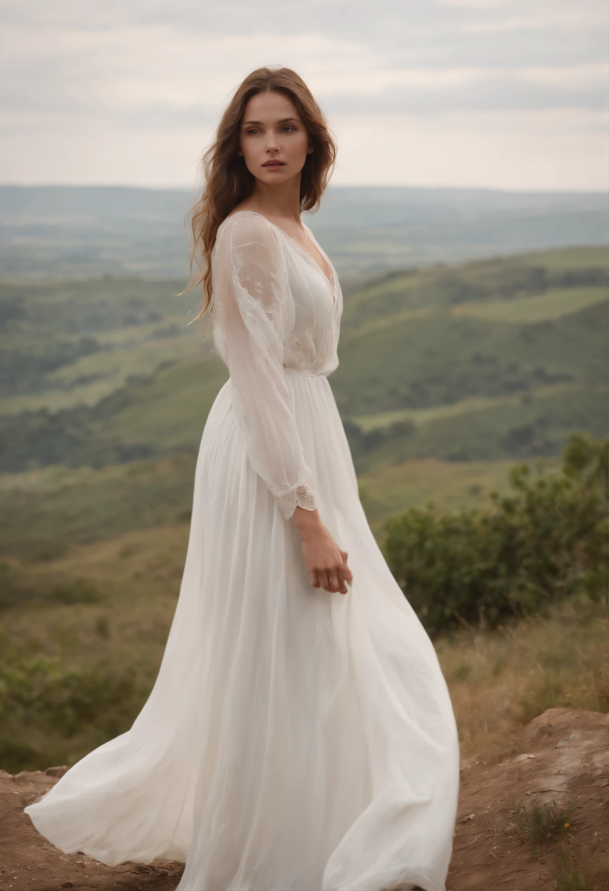 A woman in a flowing white dress stands on top of a hill, sua voz ressoando do outro lado do vale.